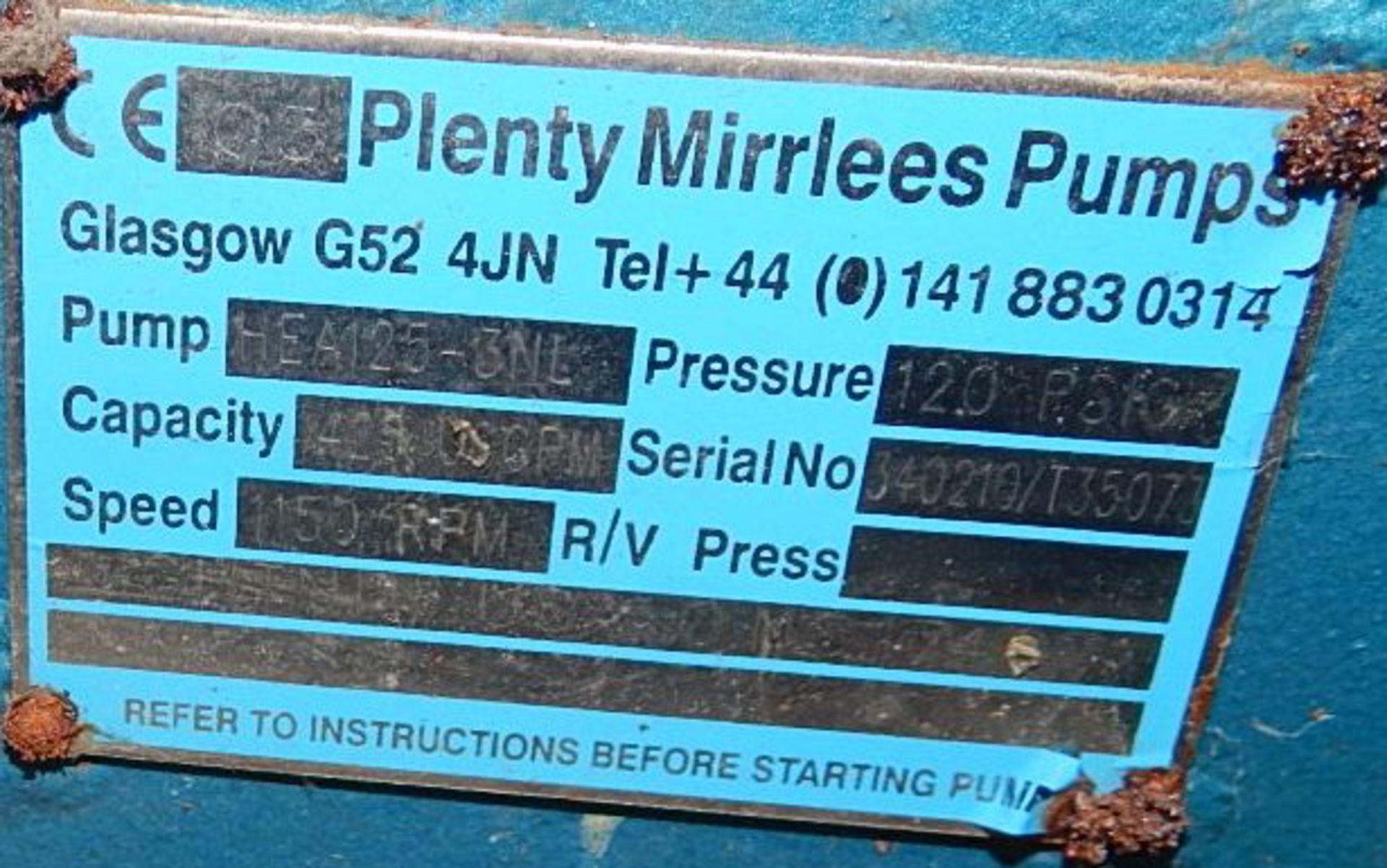 PLENTY MIRRLEES HEA125-3NL PUMP WITH 1150 RPM, 120 PSI, 425 USGPM, S/N: T35073 (CI) [RIGGING FEE FOR - Image 5 of 5