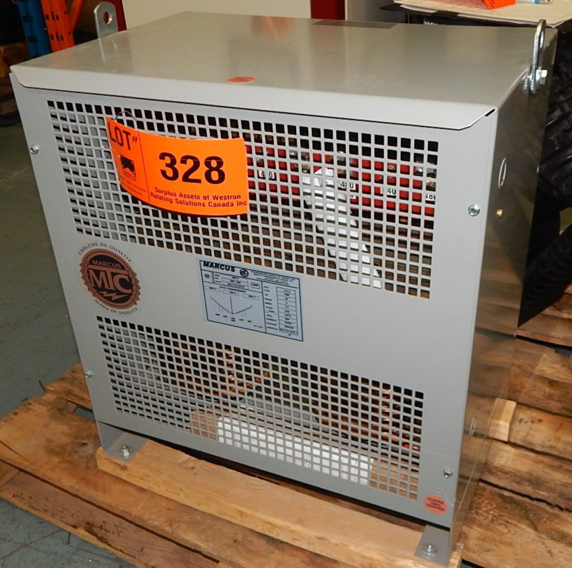 MARCUS 112.5 KVA TRANSFORMER WITH 600V, 3 PHASE, 60 HZ [RIGGING FEE FOR LOT #328 - $25 CAD PLUS