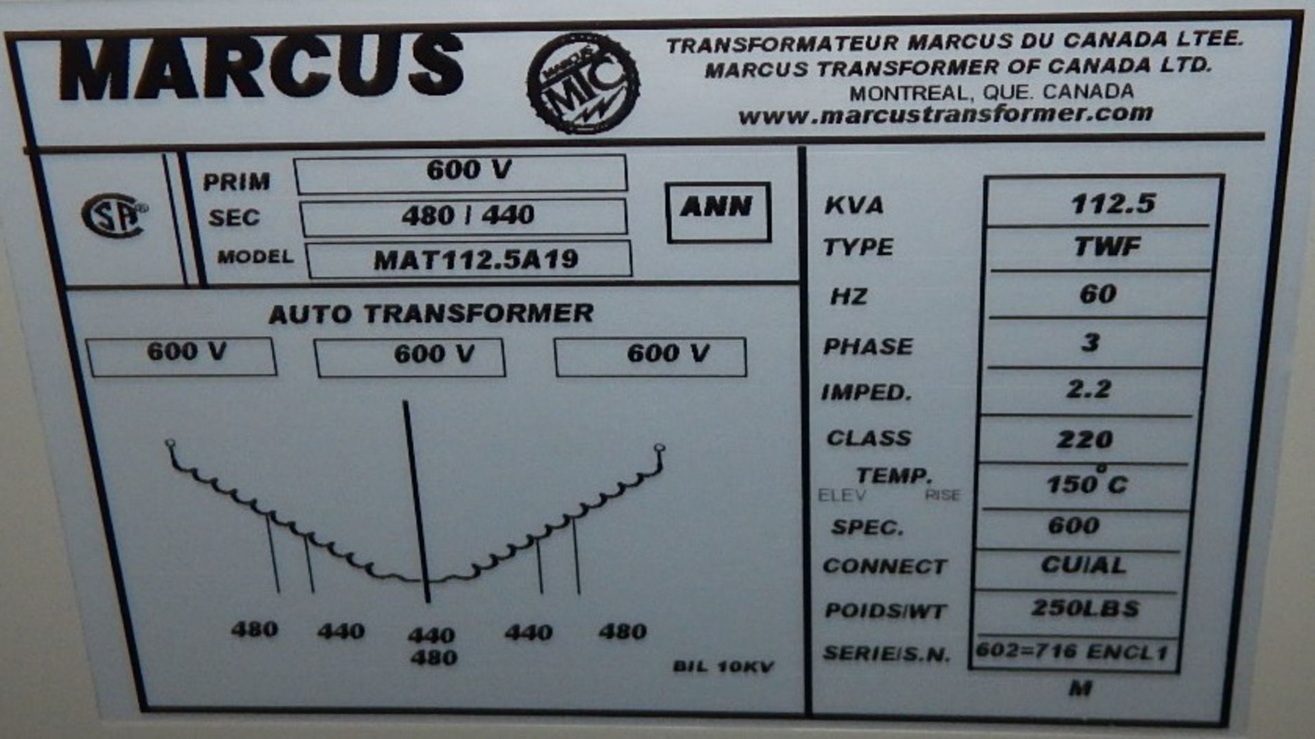 MARCUS 112.5 KVA TRANSFORMER WITH 600V, 3 PHASE, 60 HZ [RIGGING FEE FOR LOT #328 - $25 CAD PLUS - Bild 2 aus 2