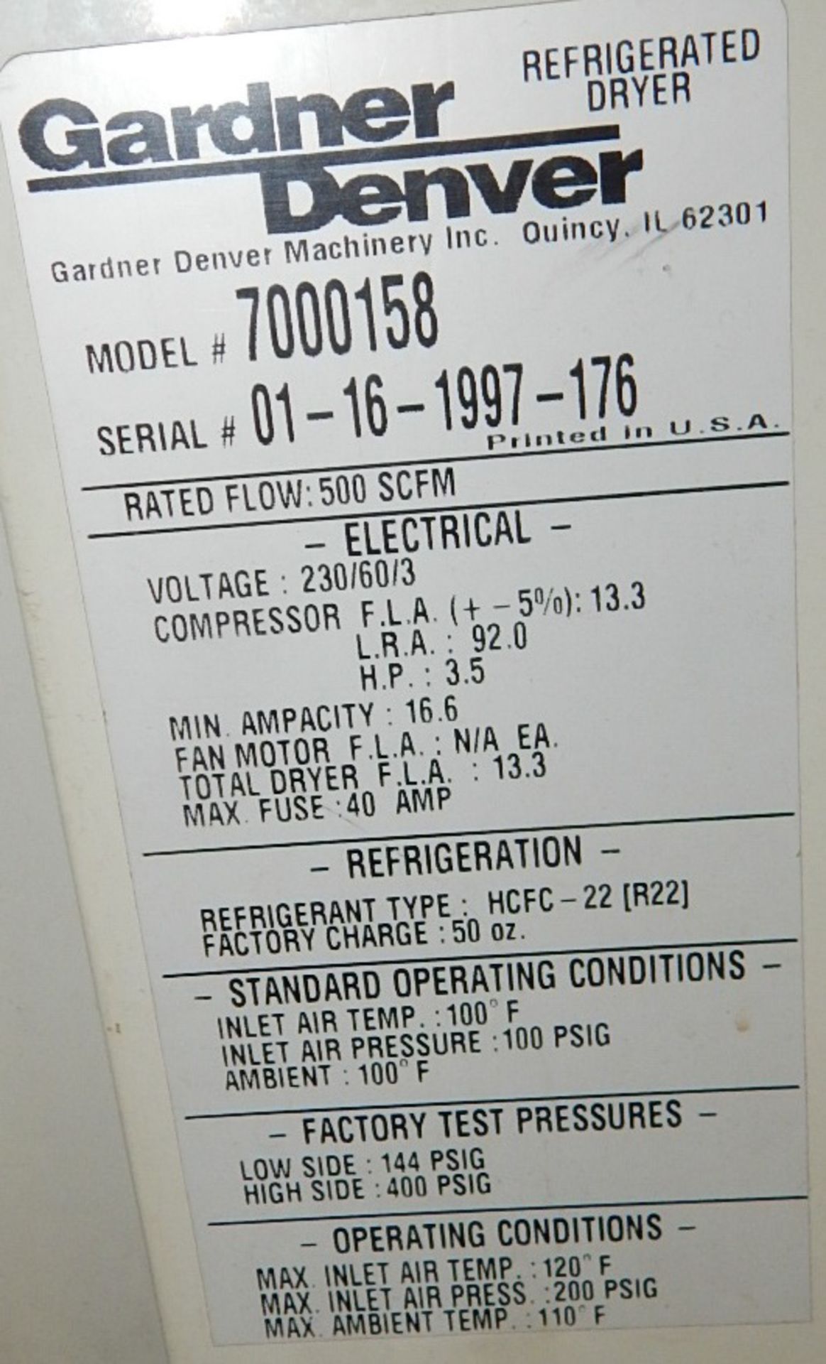 GARDNER DENVER MODEL 7000158 REFRIGERATED AIR DRYER WITH 500 CFM, S/N: 01-16-1997-176 (CI) [ - Bild 5 aus 5