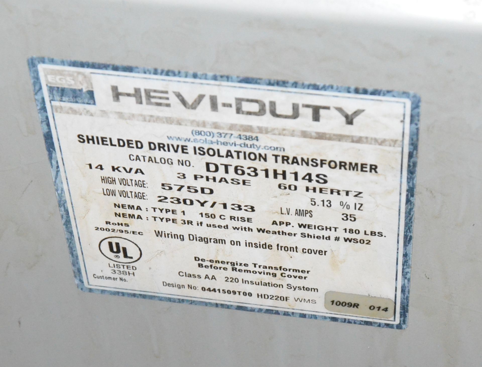 HEVI-DUTY 14KVA/575-230-133V/3PH/60HZ DRY TYPE TRANSFORMER [OPTIONAL PACKAGING FEE $25 USD + - Image 2 of 2