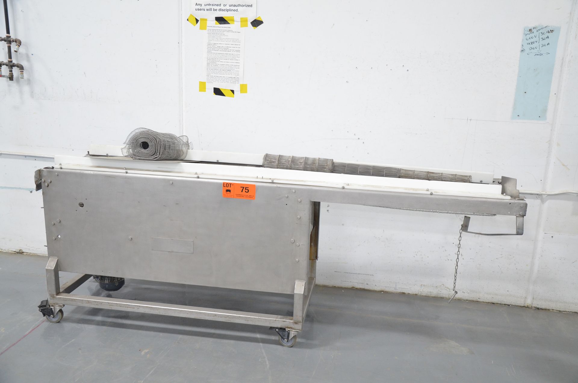 BRIDGE 98"X16" STAINLESS STEEL POWERED MESH BELT CONVEYOR, S/N: N/A [OPTIONAL PACKAGING FEE $25