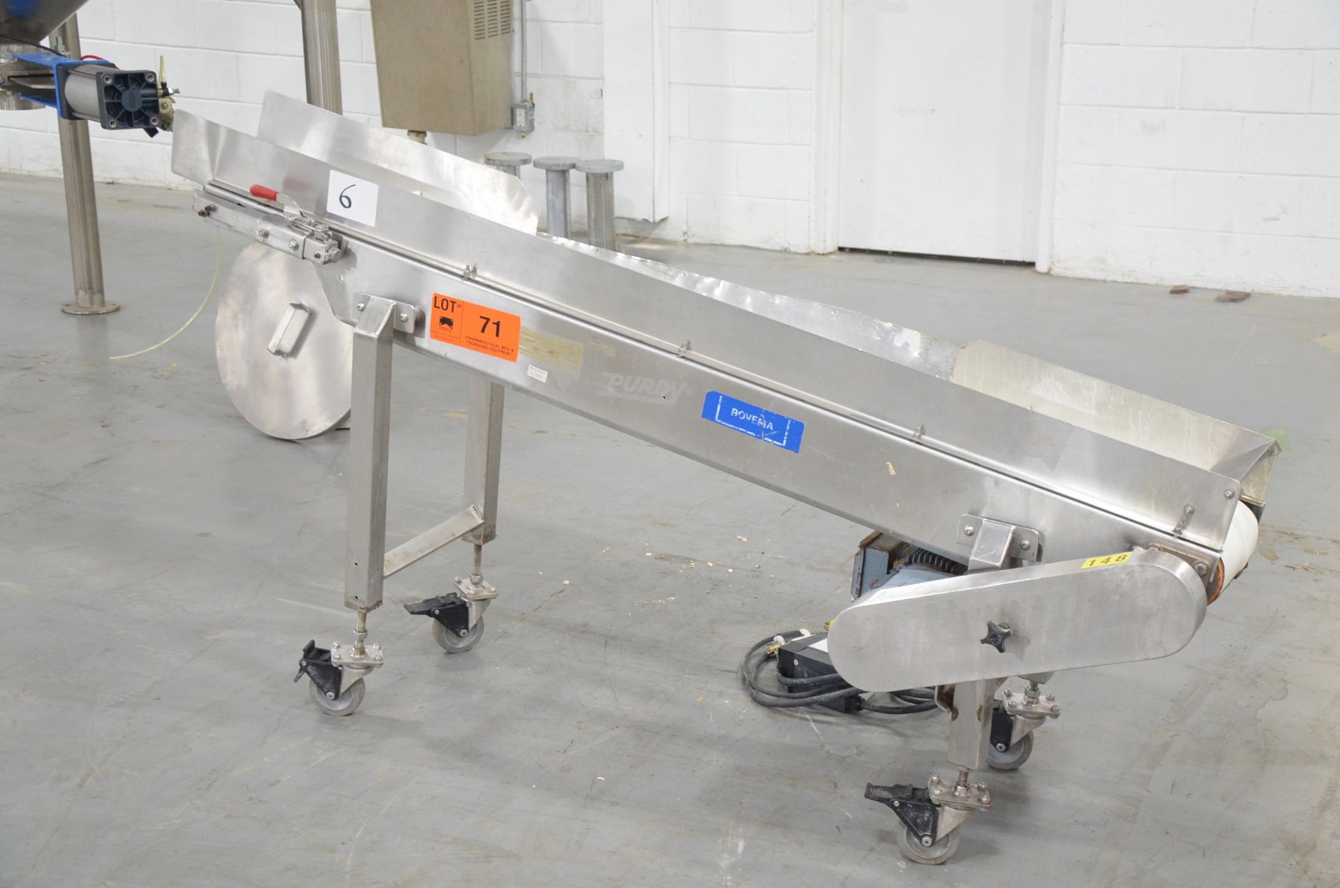 PURDY STAINLESS STEEL 77"X10" POWERED CLEATED BELT CONVEYOR, (110V/3PH/60HZ), S/N: N/A [OPTIONAL