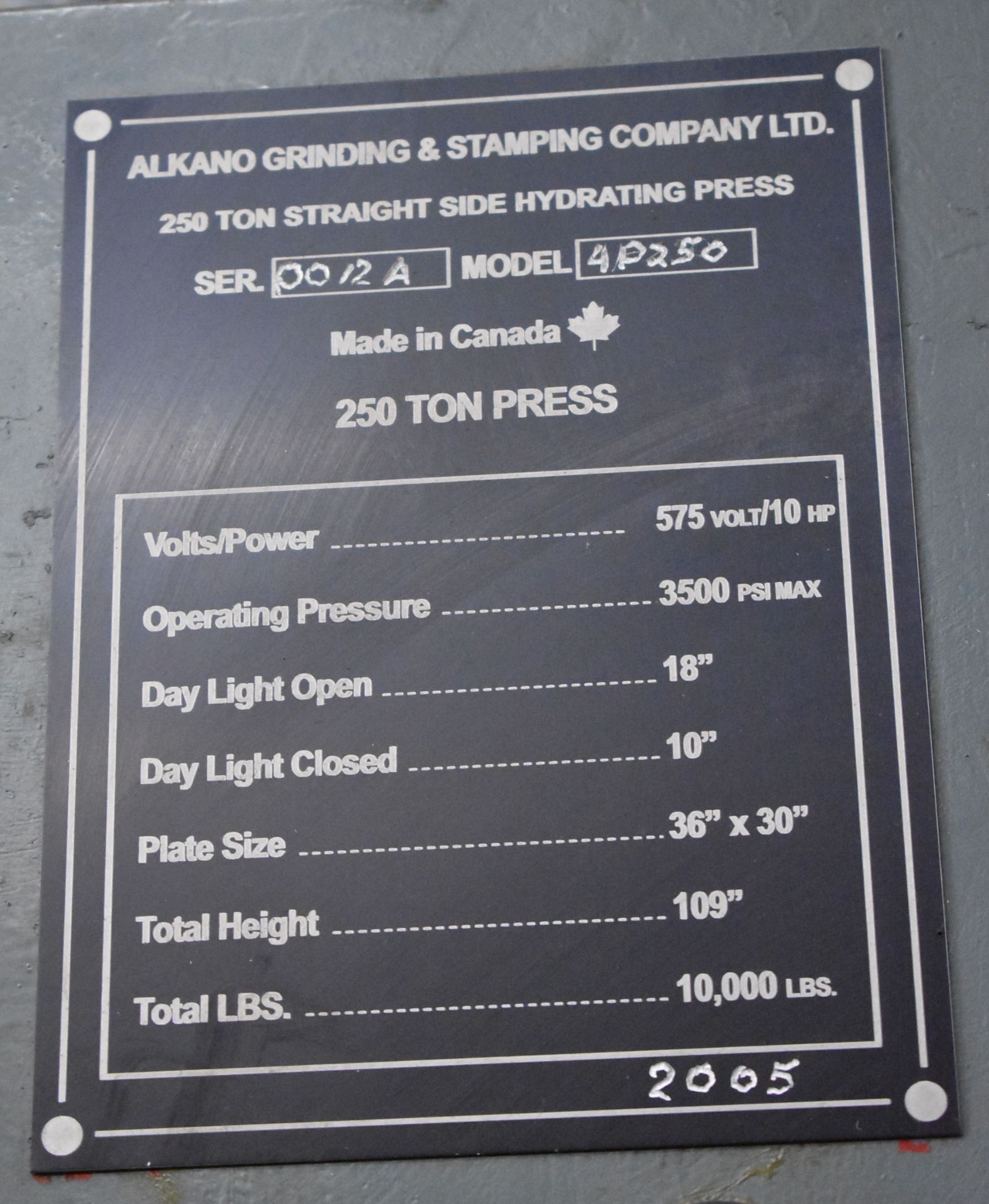 ALKANO MODEL 4P 250 4-POST HYDRAULIC STAMPING PRESS WITH 250TON CAPACITY, 32"X36" PLATEN, 8" STROKE, - Image 4 of 7