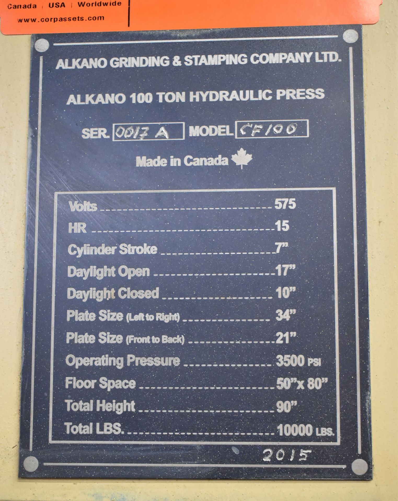 ALKANO MODEL CF100 C-FRAME HYDRAULIC STAMPING PRESS WITH 100TON CAPACITY, 34"X21" PLATEN, 7" STROKE, - Image 7 of 7