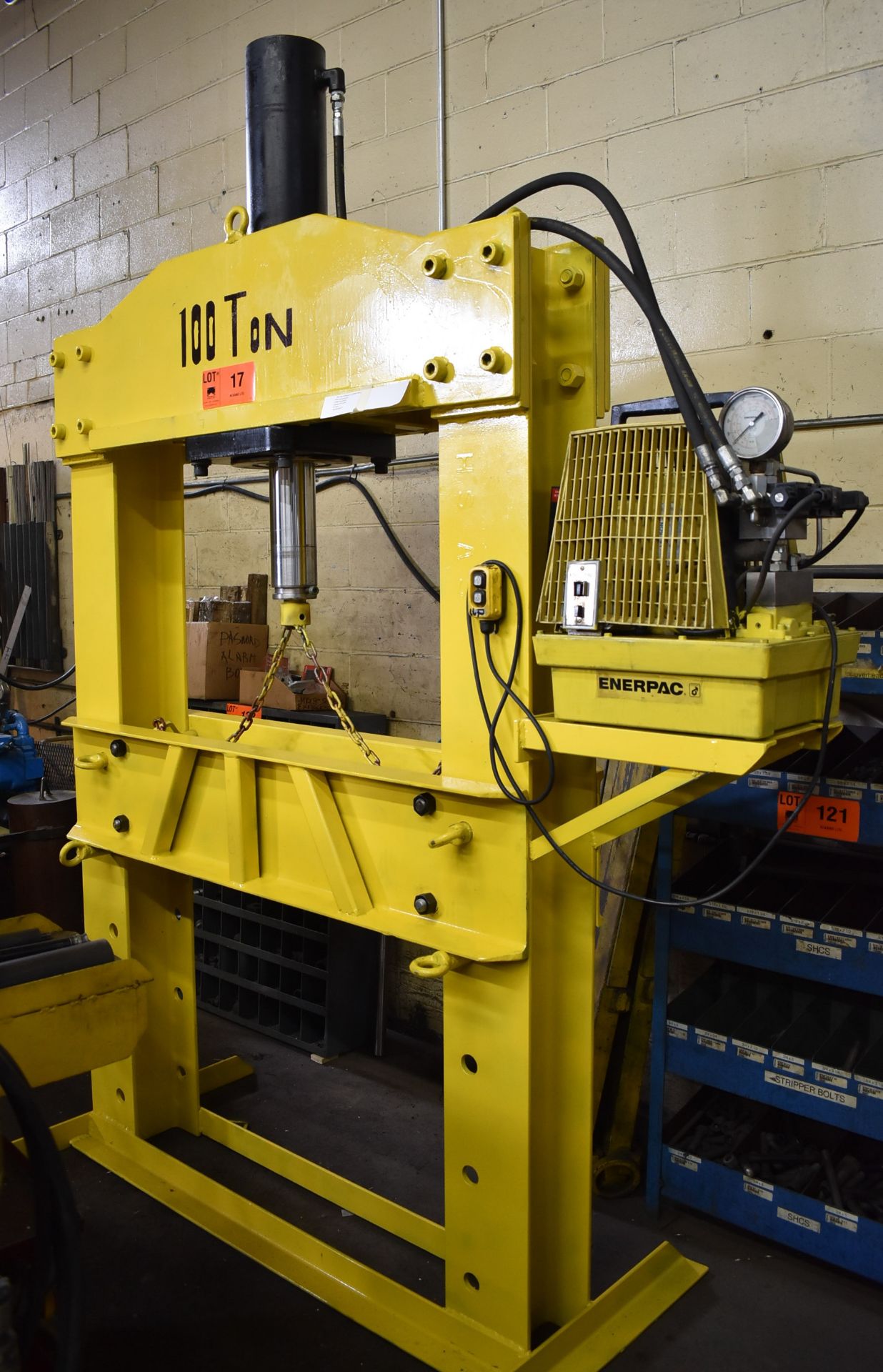 HYDRAULIC H-FRAME SHOP PRESS WITH 100TON CAPACITY, 24" STROKE, 6" DIA. CYLINDER, 5000PSI MAX.