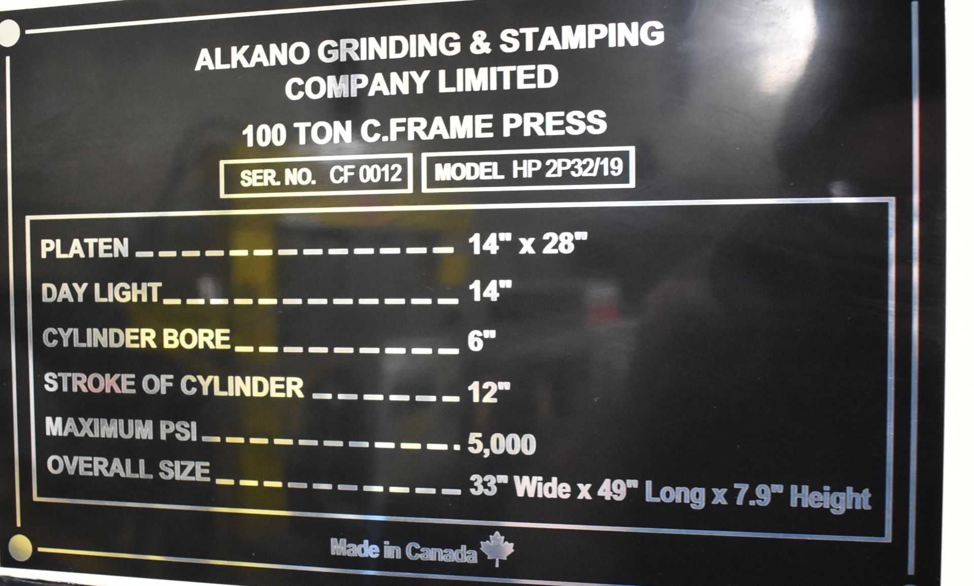 ALKANO HP 2P 32/19 C-FRAME HYDRAULIC STAMPING PRESS WITH 100TON CAPACITY, 28"X14" PLATEN, 12" - Image 4 of 5