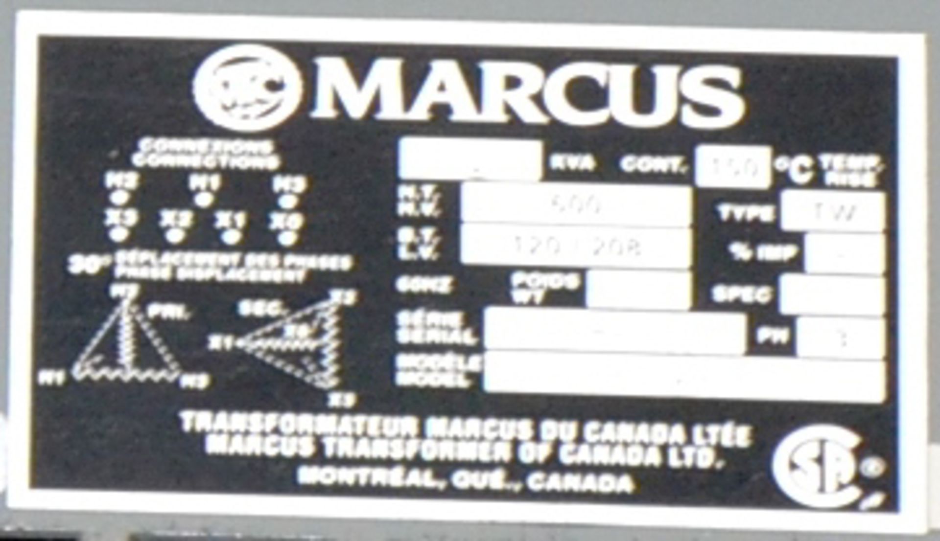 MARCUS TRANSFORMER WITH 112 KVA, 600HV, 120/208LV, 3 PH, 60 HZ (CI) [RIGGING FEE FOR LOT #14 - $75 - Image 2 of 2