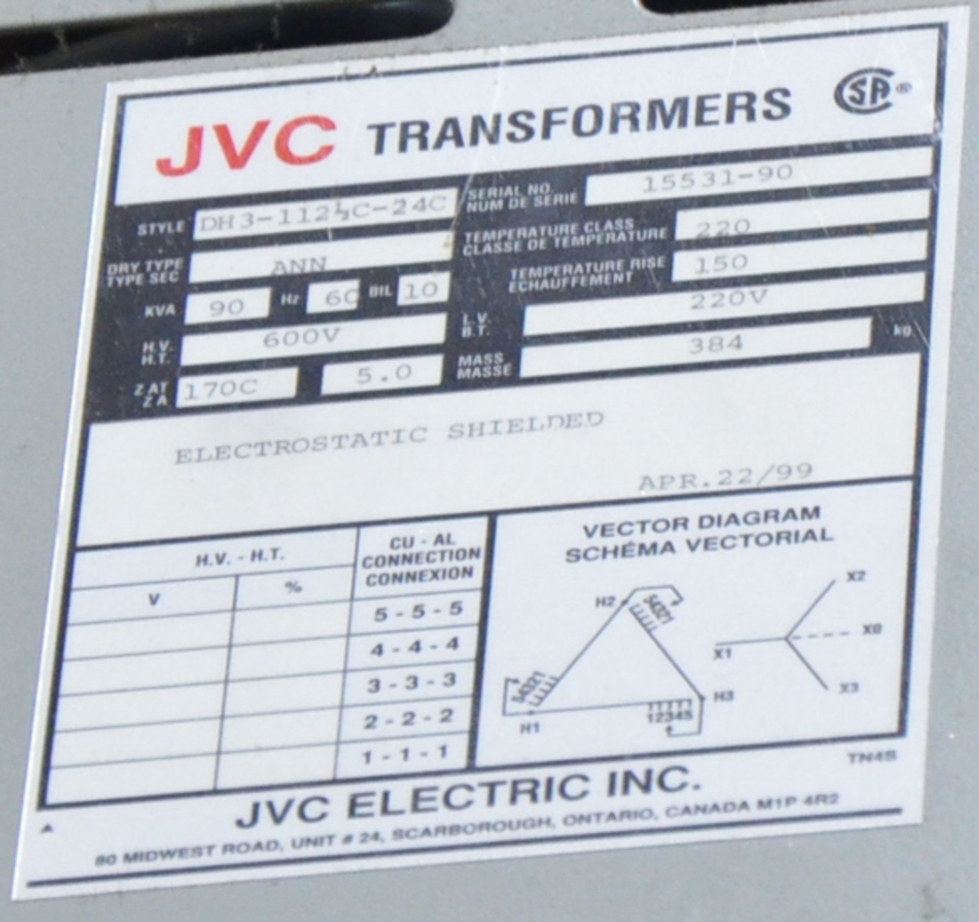 JVC TRANSFORMER WITH 90 KVA, 600HV, 220LV, 3 PH, 60 HZ (CI) [RIGGING FEE FOR LOT #13A - $75 USD PLUS - Image 2 of 2