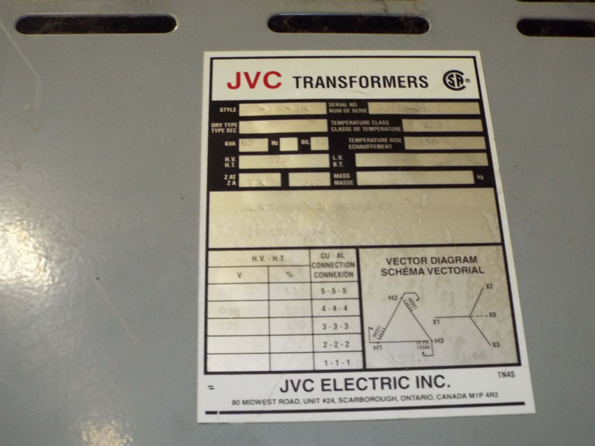 65KVA TRANSFORMER (CI) [RIGGING FEE FOR LOT #31 - $50 USD PLUS APPLICABLE TAXES] - Image 2 of 2