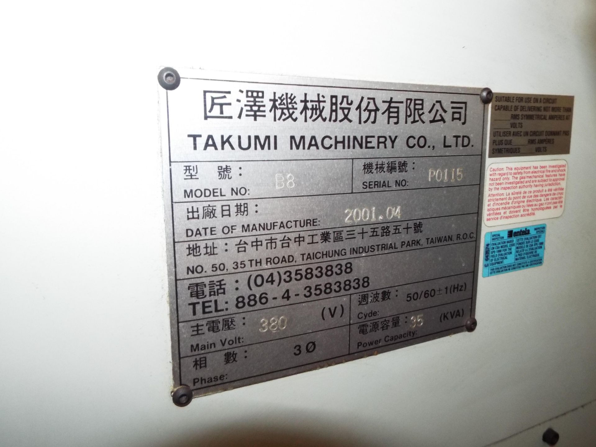 TAKUMI SEIKI (2001) B8 CNC VERTICAL MACHINING CENTER WITH SELCA CNC CONTROL, 52" X 31" TABLE, - Image 13 of 15