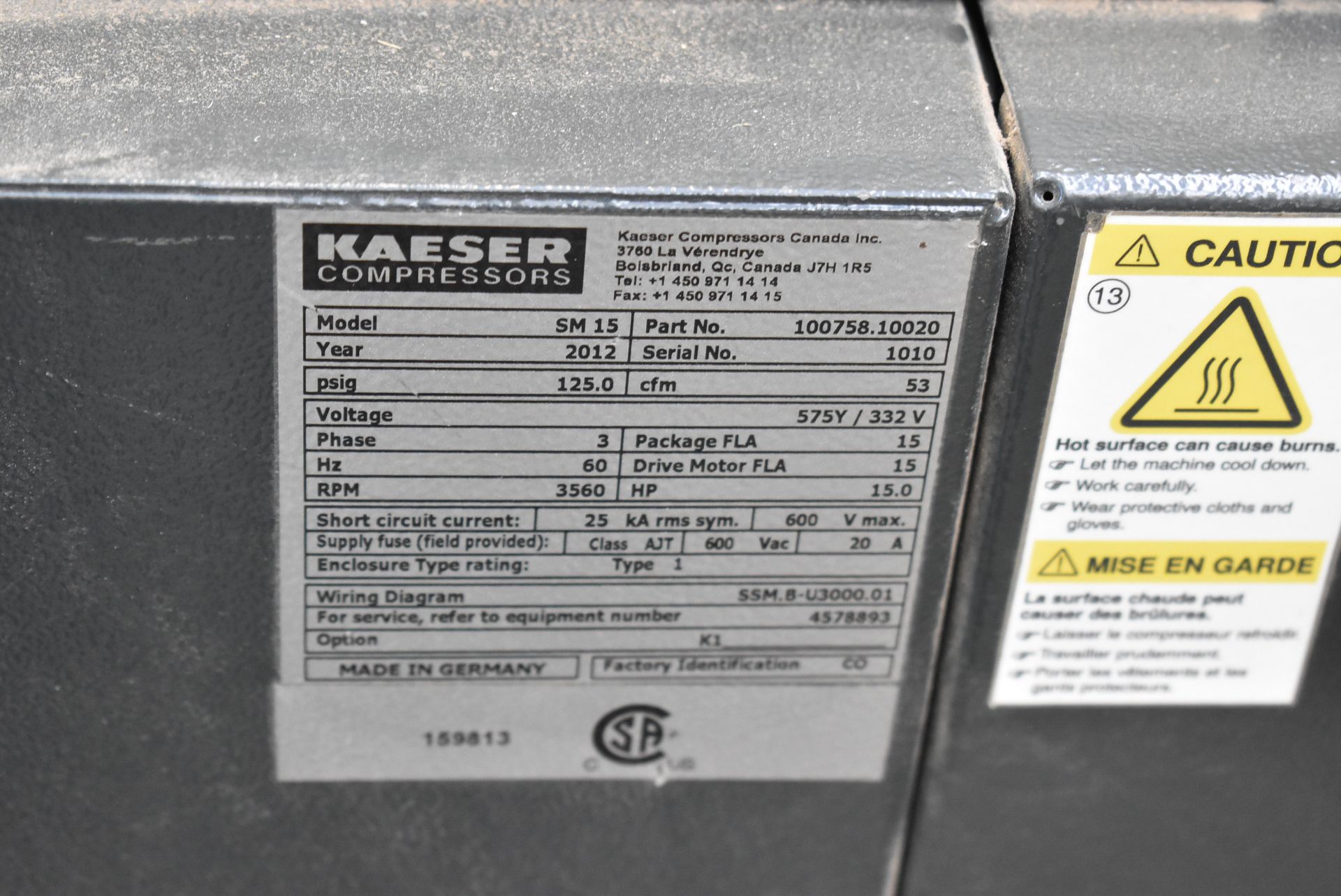 KAESER (2012) SM15 SIGMA 15 HP ROTARY SCREW AIR COMPRESSOR WITH 125 PSIG, 53 CFM, 3560 RPM, 2683 HRS - Image 3 of 4