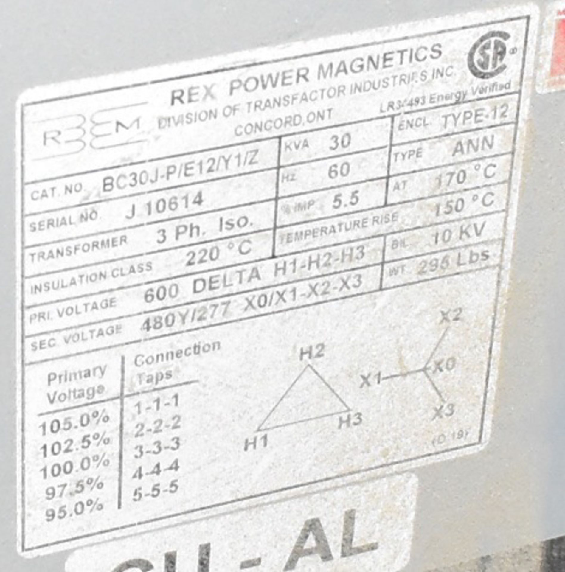 REX 30 KVA TRANSFORMER WITH 600HV-480Y/227LV-3 PH-60 HZ (CI) [RIGGING FEE FOR LOT #41 - $100 CAD - Image 2 of 2