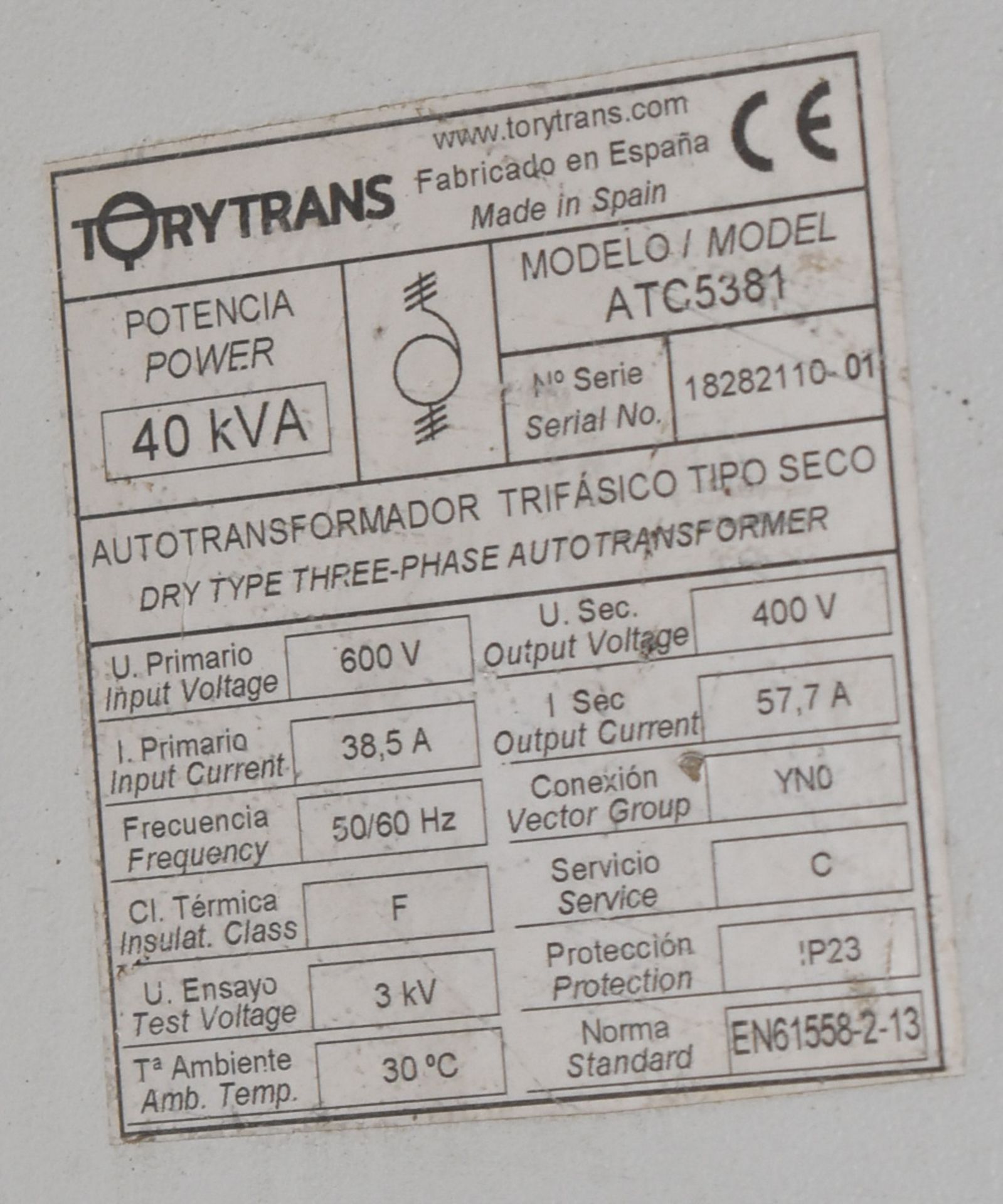 TORYTRANS 40 KVA TRANSFORMER WITH 600HV-400LV-3 PH-60 HZ (CI) [RIGGING FEE FOR LOT #44 - $100 CAD - Image 2 of 2