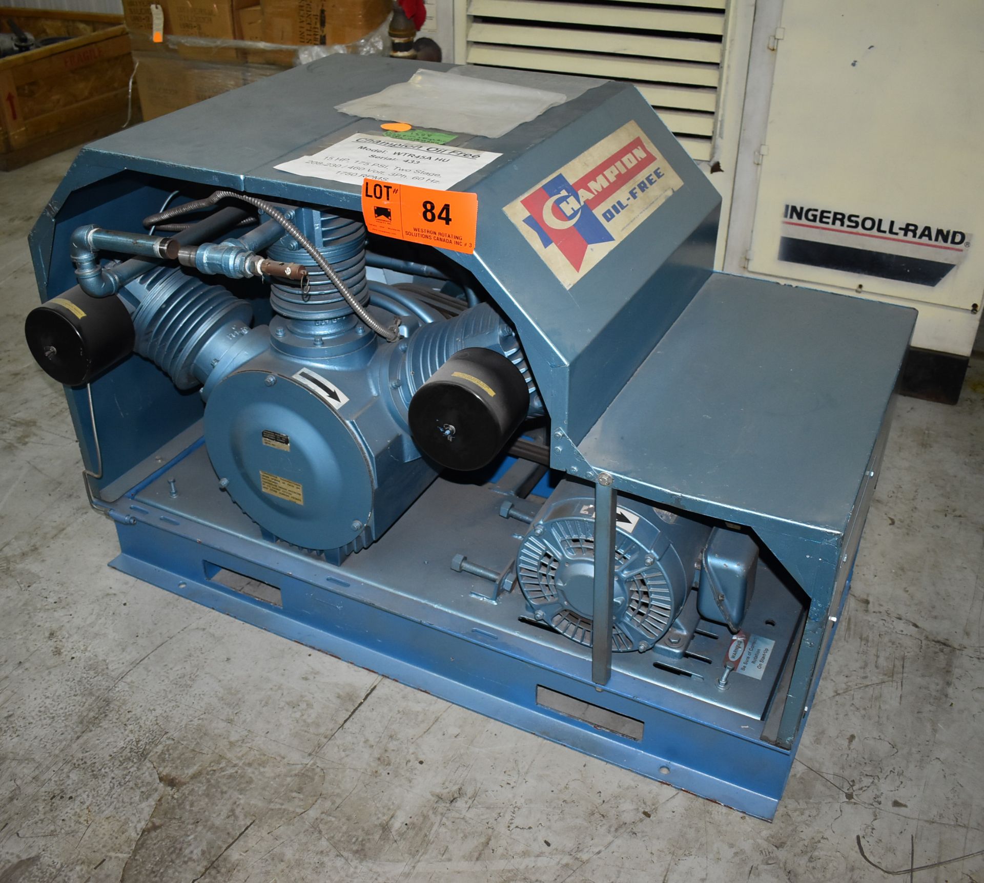 CHAMPION WTR45A HU 2-STAGE OIL FREE AIR COMPRESSOR WITH 15 HP, 175 PSI, 1750 RPM, S/N: 433 (CI) [