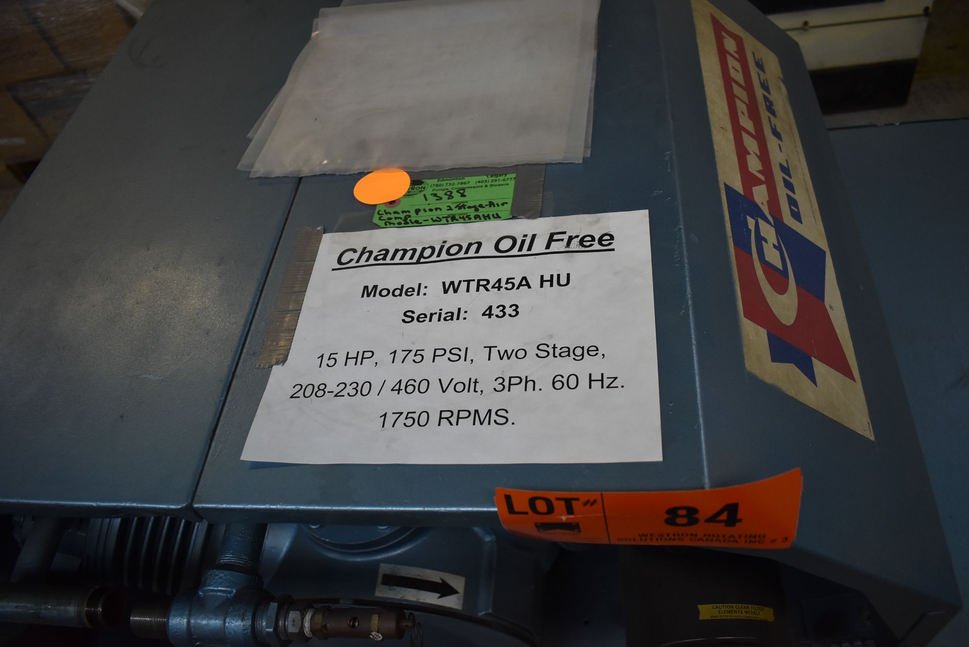 CHAMPION WTR45A HU 2-STAGE OIL FREE AIR COMPRESSOR WITH 15 HP, 175 PSI, 1750 RPM, S/N: 433 (CI) [ - Image 3 of 6