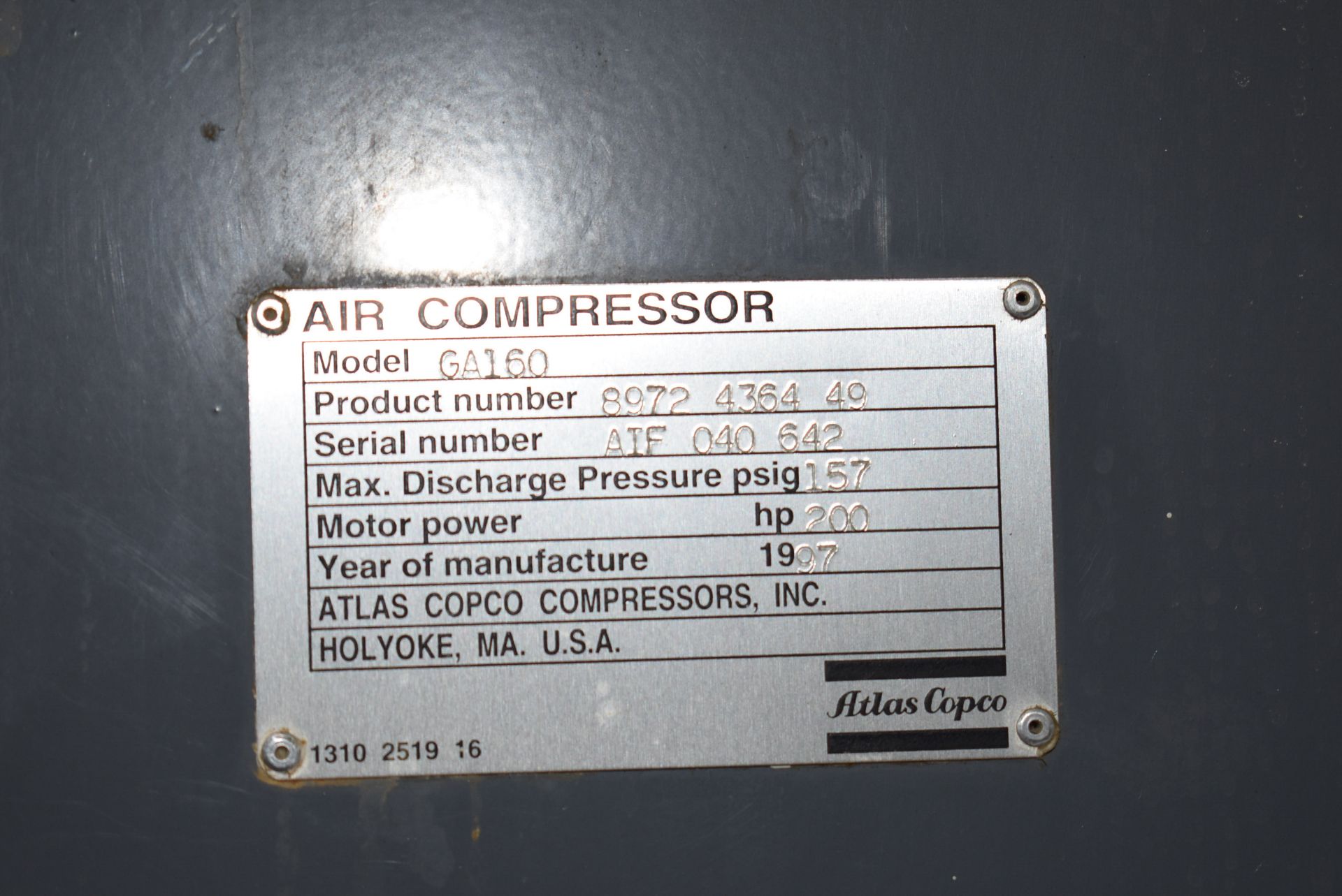 ATLAS COPCO GA160 ROTARY SCREW AIR COMPRESSOR WITH 200 HP, 157 PSIG, S/N: AIF.040642 (CI) [SKU 1274] - Image 4 of 15