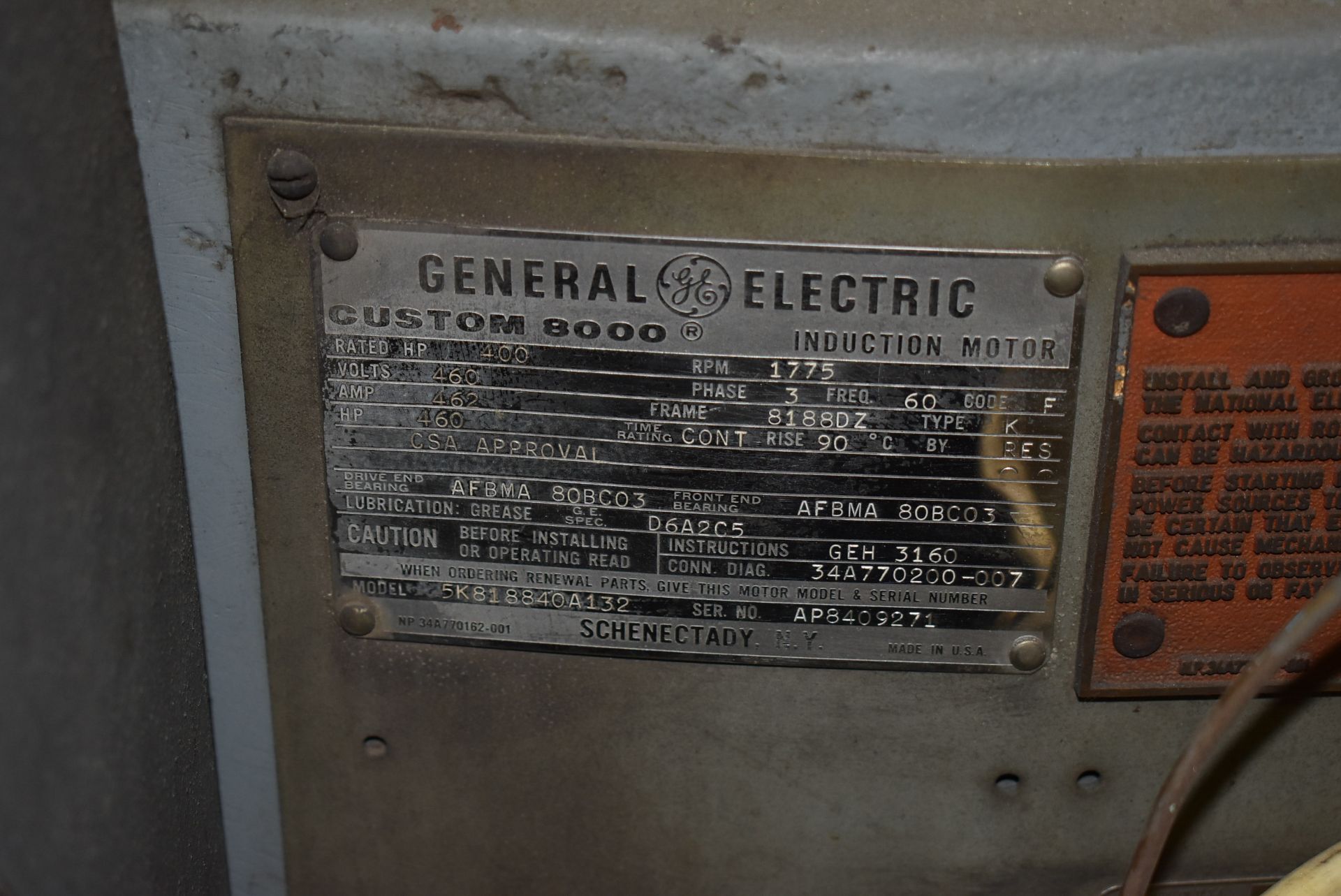 GENERAL ELECTRIC 400 HP ELECTRIC MOTOR WITH 1775 RPM, 460V, 3 PHASE, 60 HZ (CI) [SKU 1139] [ - Image 2 of 4