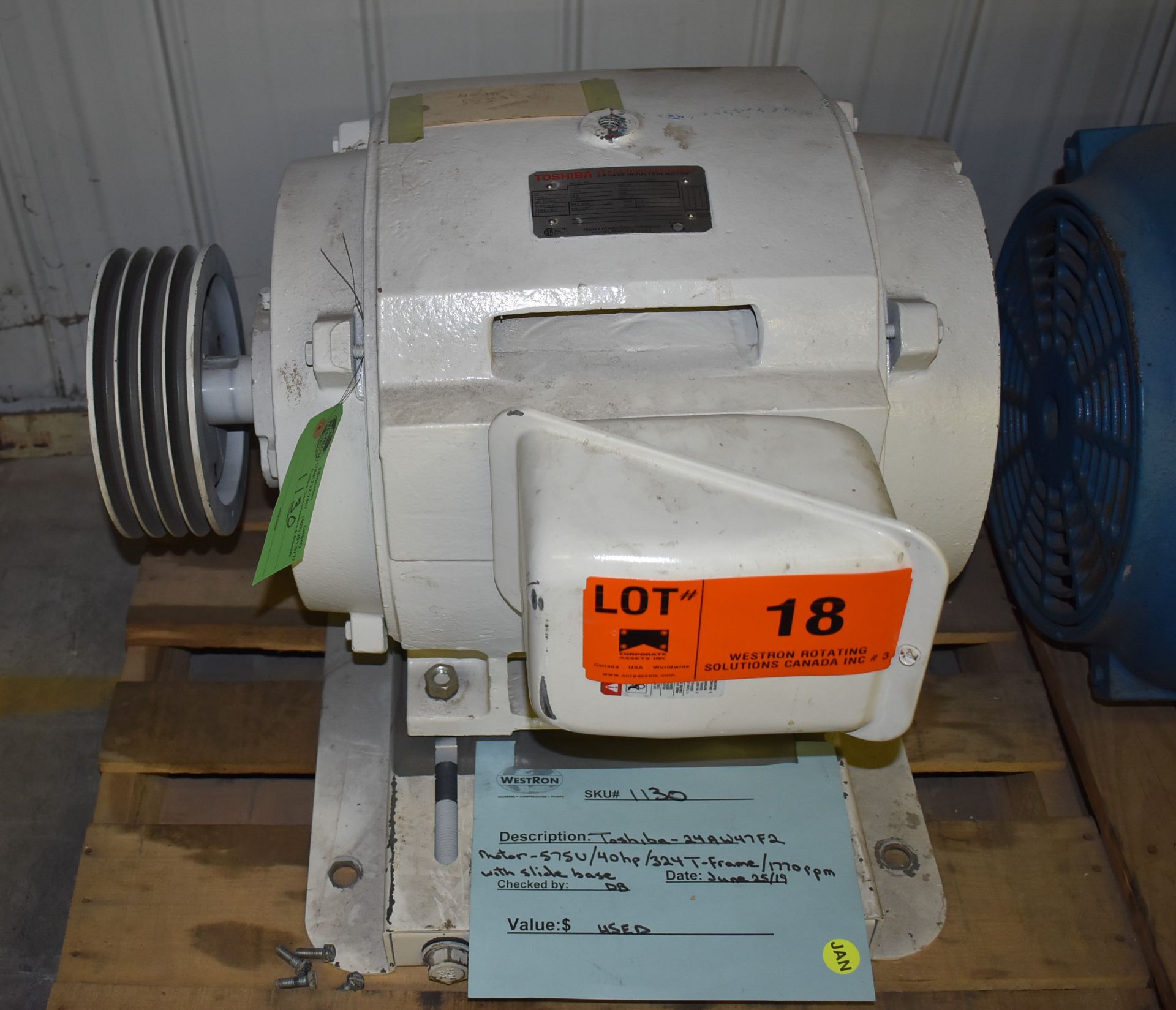 TOSHIBA 40 HP ELECTRIC MOTOR WITH 1170 RPM, 575V, 3 PHASE, 60 HZ (CI) [SKU 1130] [RIGGING FEE FOR