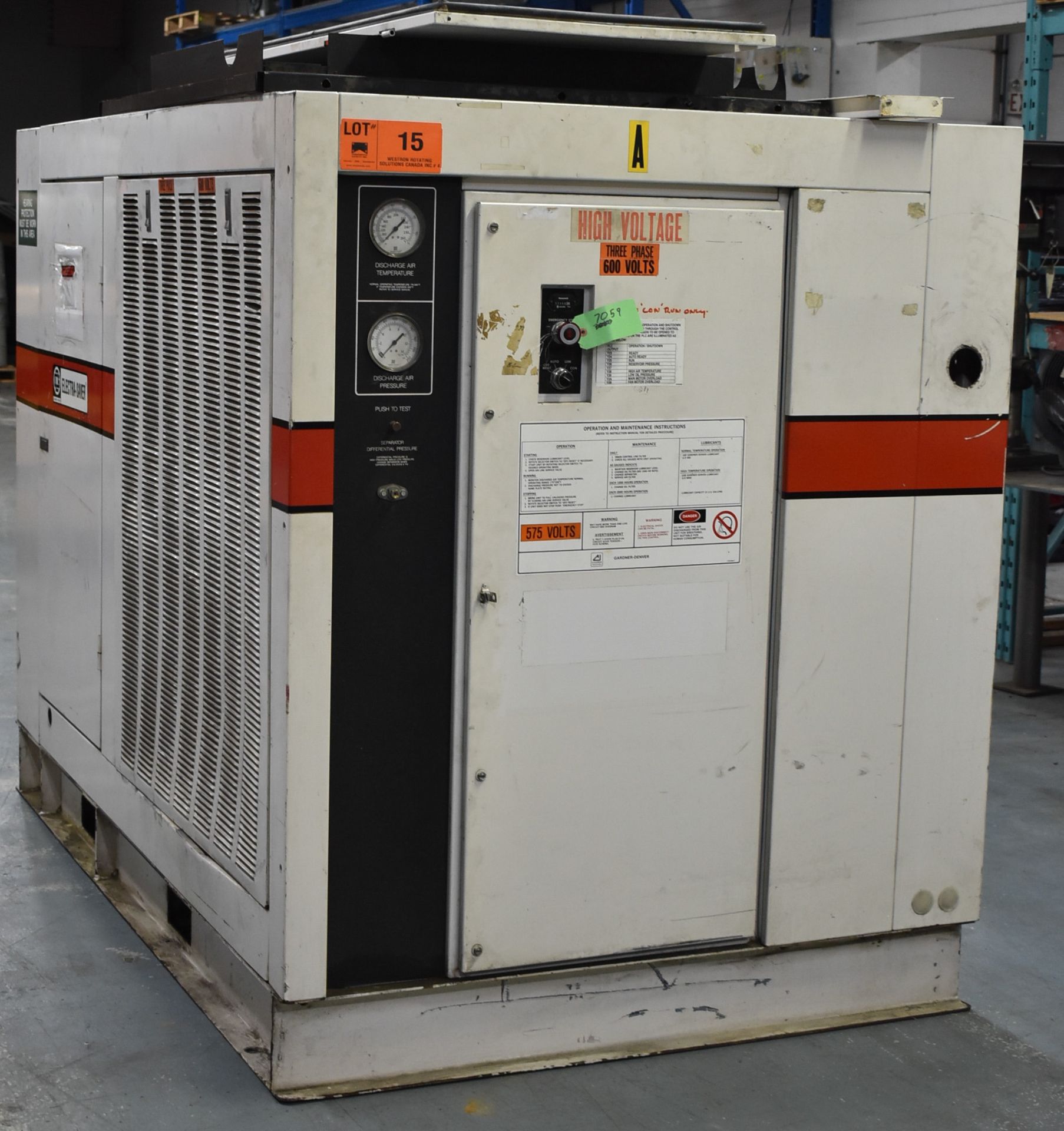 GARDNER DENVER EAP0MB ELECTRA SAVER II ROTARY SCREW AIR COMPRESSOR WITH 100 HP, 25 PSI, 2488 HRS (