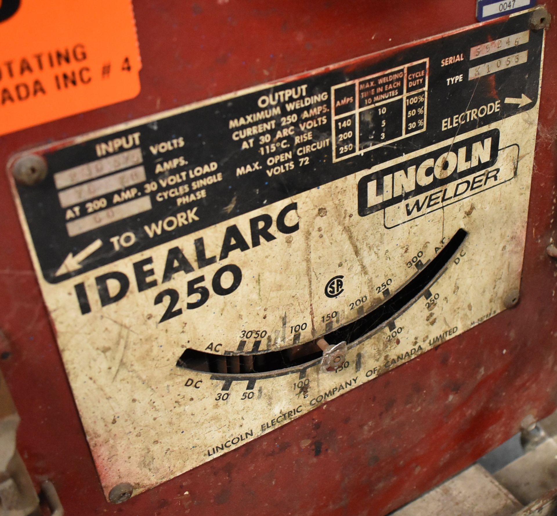 LINCOLN ELECTRIC IDEALARC 250 STICK WELDER WITH CABLES & GUN, S/N: N/A [RIGGING FEES FOR LOT # - Image 4 of 5