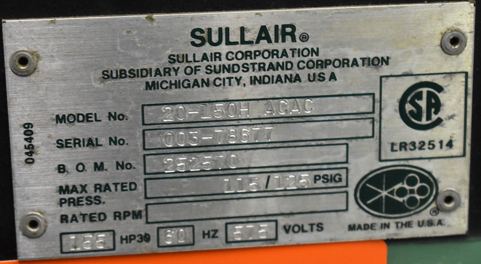 SULLAIR 20-150H-ACAC ROTARY SCREW AIR COMPRESSOR WITH 150 HP, S/N: 003-78677 (NOT IN SERVICE) ( - Image 7 of 7