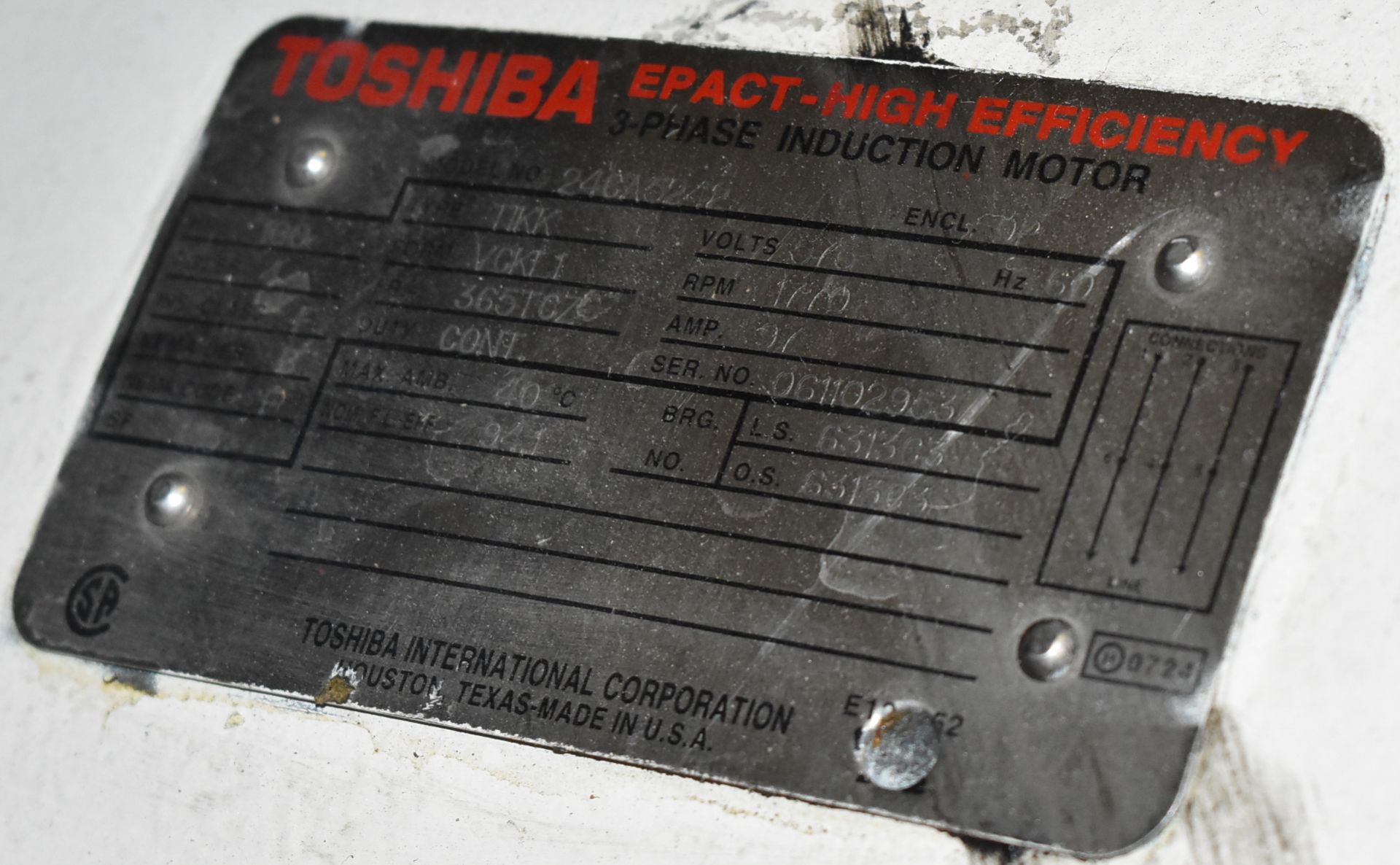 TOSHIBA 100 HP ELECTRIC MOTOR WITH 1770 RPM, 575V, 3 PHASE, 60 HZ (CI) [RIGGING FEES FOR LOT # - Image 4 of 4