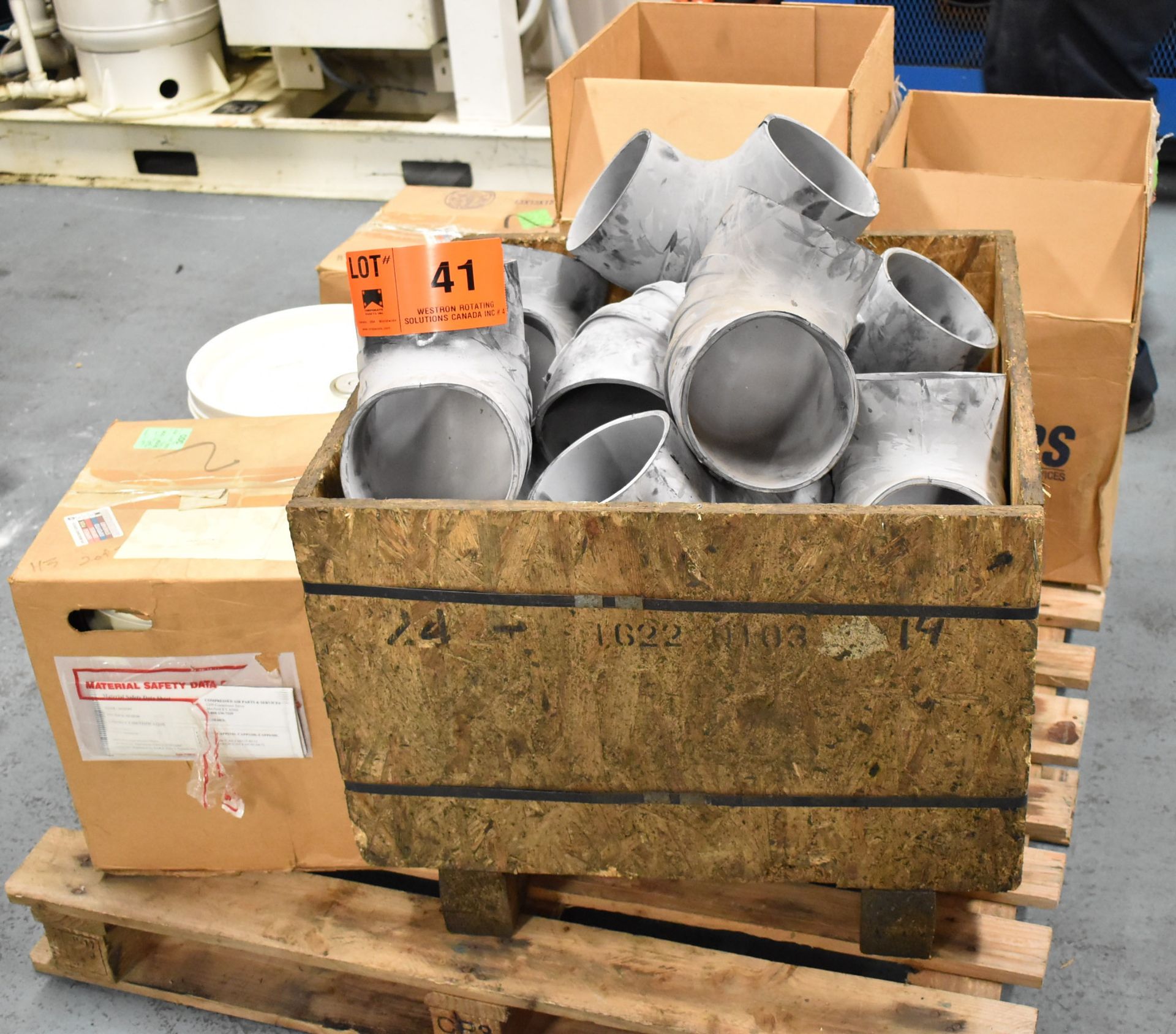 LOT/ SKID WITH 6" RUBBER ELBOWS, (4) 5 GAL. BUCKETS OF COMPRESSOR OIL & (1) BOX OF DESICCANT