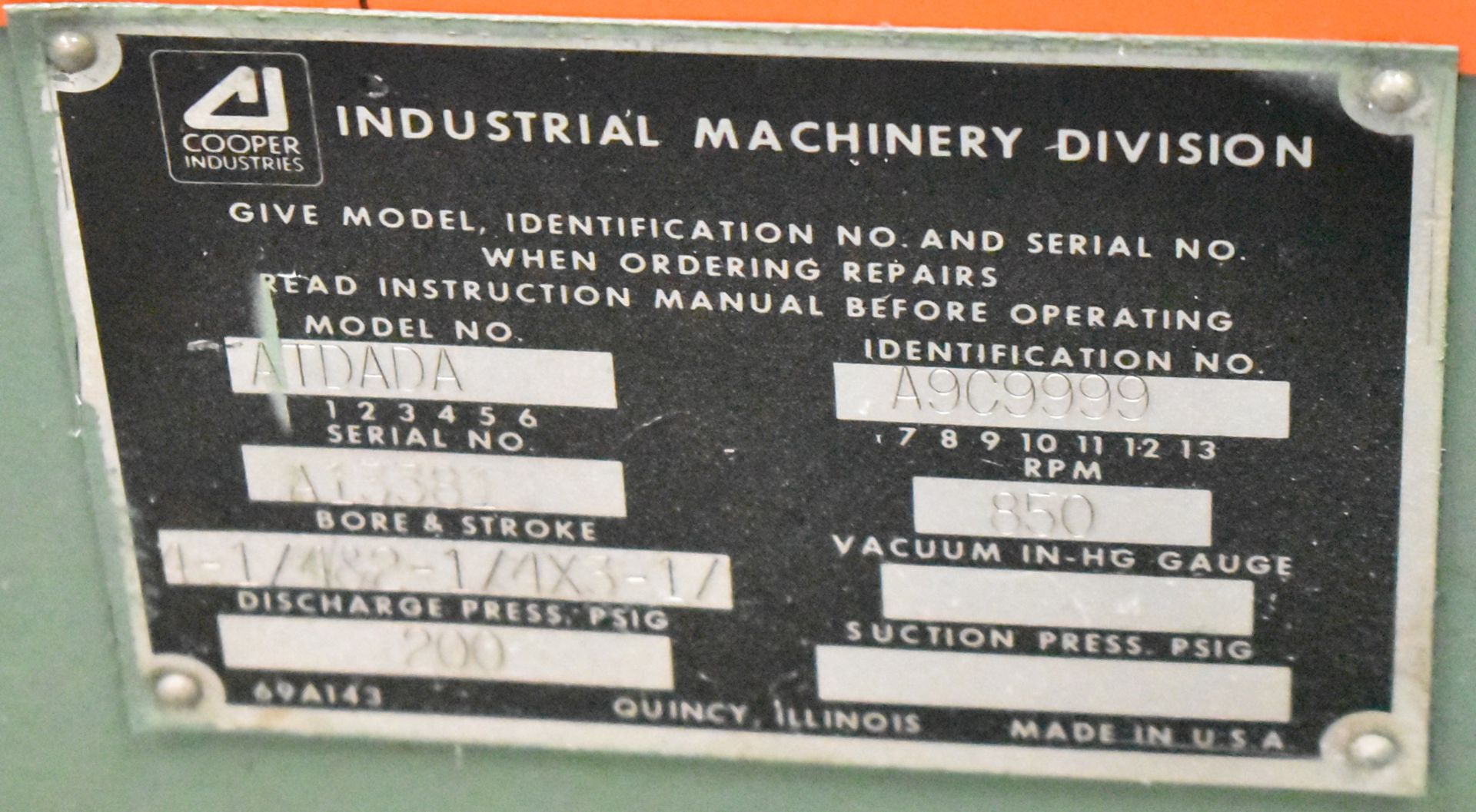 COOPER INDUSTRIES/GARDNER DENVER ATDADA COMPRESSOR PUMP WITH 200 PSI, 850 RPM, S/N: A13381 (CI) [ - Image 4 of 4