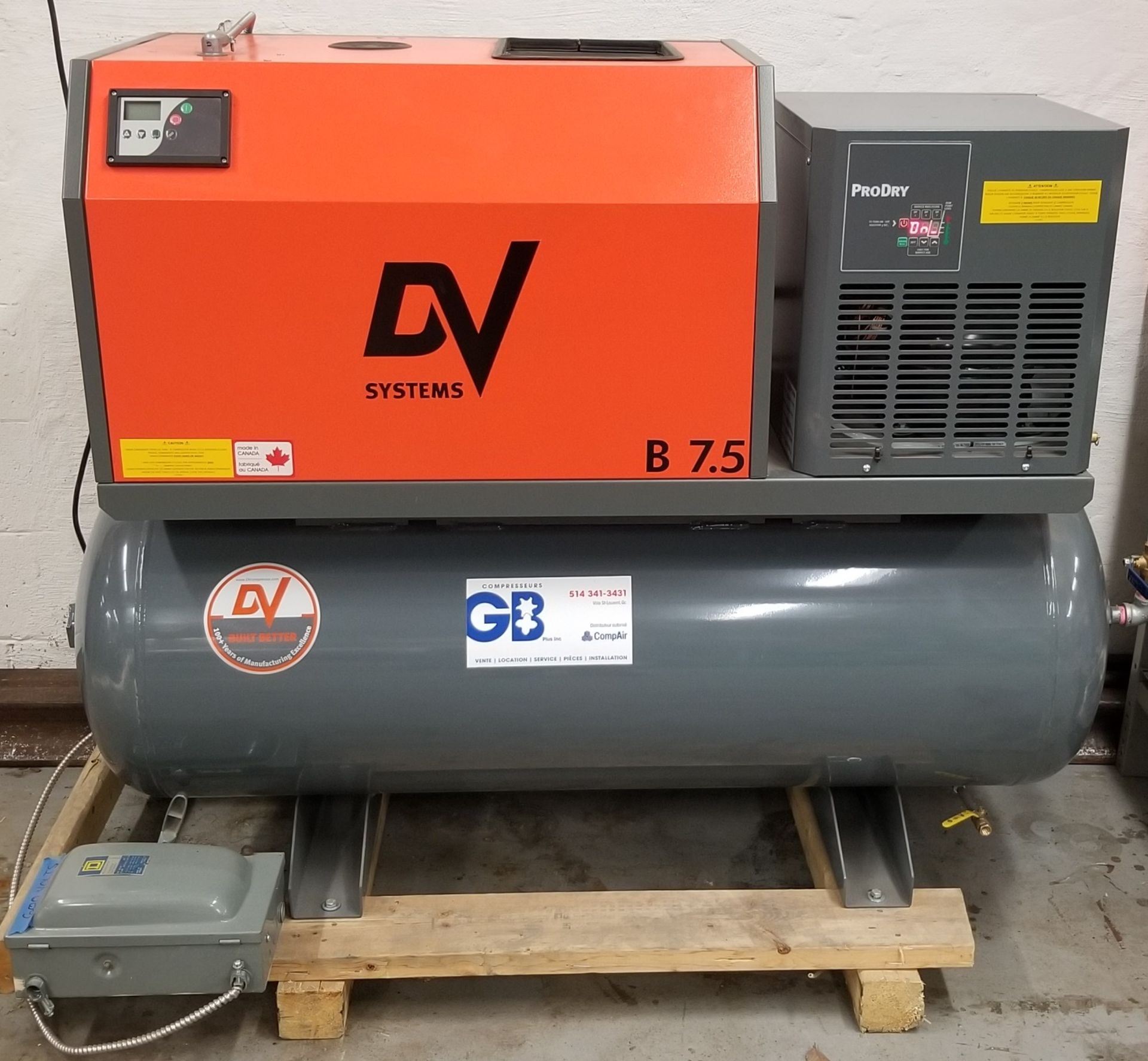 DV SYSTEMS (2020) B7.5 TANK-MOUNTED ROTARY SCREW AIR COMPRESSOR WITH 7.5 HP, 145 MAX. PSI, 27