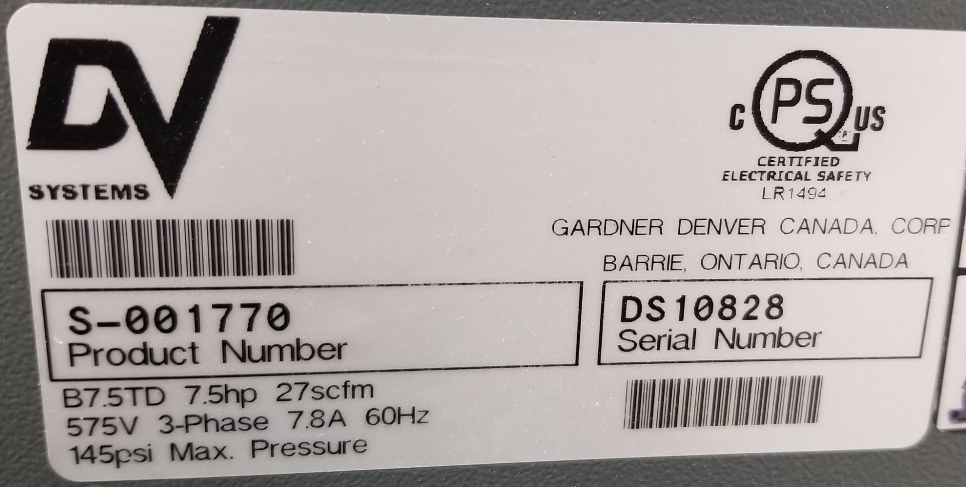 DV SYSTEMS (2020) B7.5 TANK-MOUNTED ROTARY SCREW AIR COMPRESSOR WITH 7.5 HP, 145 MAX. PSI, 27 - Image 4 of 7