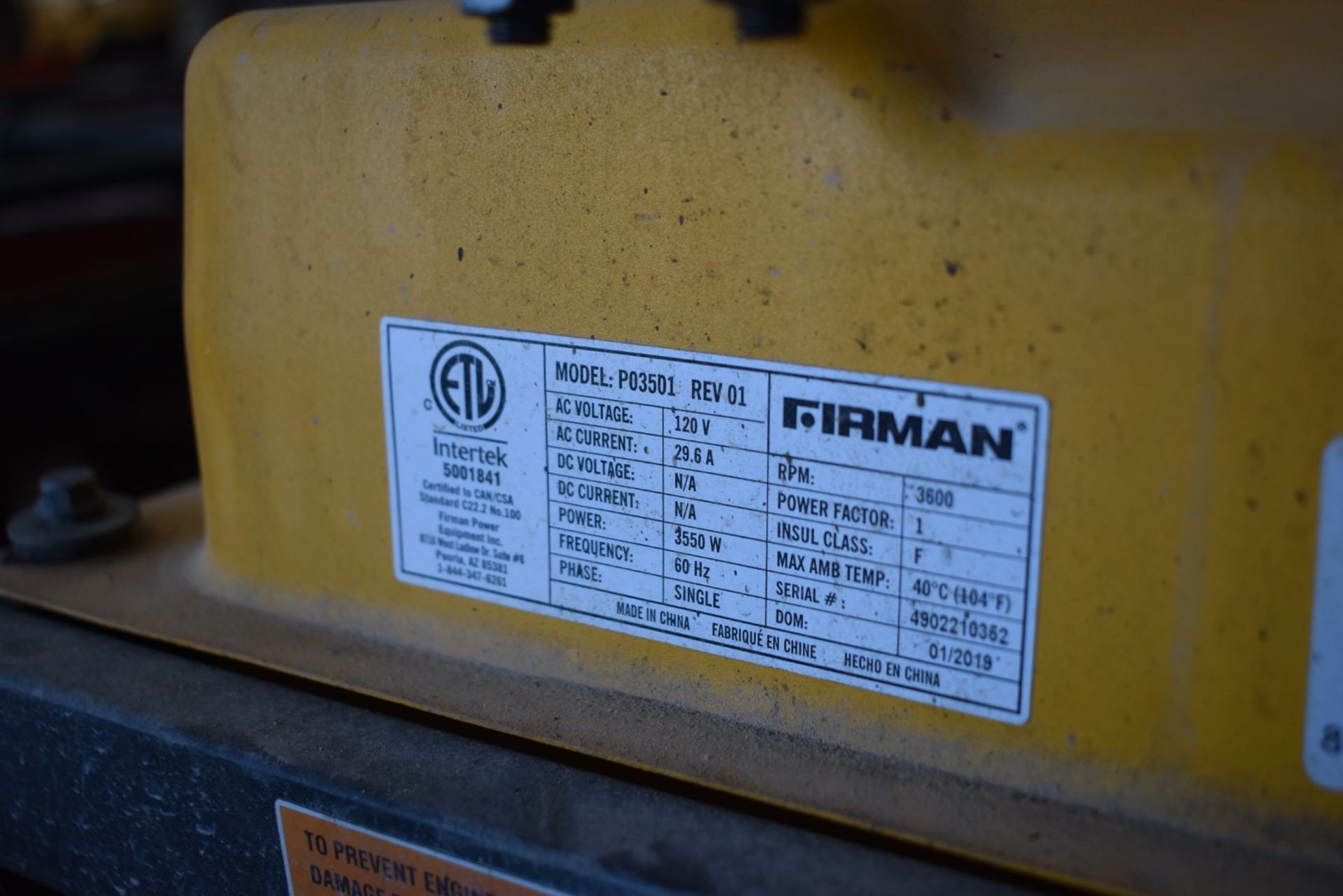 FIRMAN (2019) 3550 3,500W GAS POWERED GENERATOR WITH 120V/1PH/60HZ, S/N: 4902210352 - Image 4 of 4