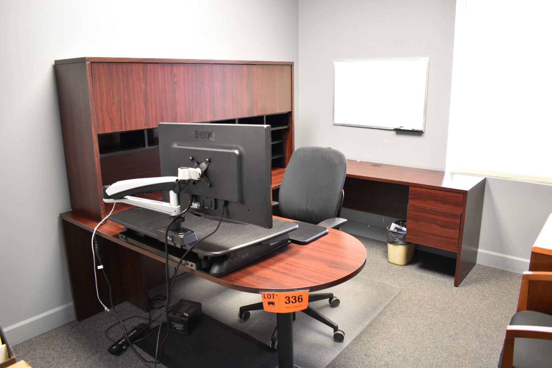 LOT/ CONTENTS OF OFFICE CONSISTING OF U-SHAPED DESK, VARIDESK HEIGHT ADJUSTMENT, (2) CHAIRS, (2)