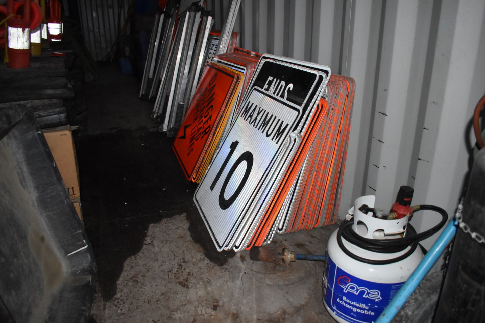 LOT/ JERRY CANS, OXY-ACET TORCH CADDY, ROAD SIGNS, STANDS, AND BROOMS - Image 4 of 7