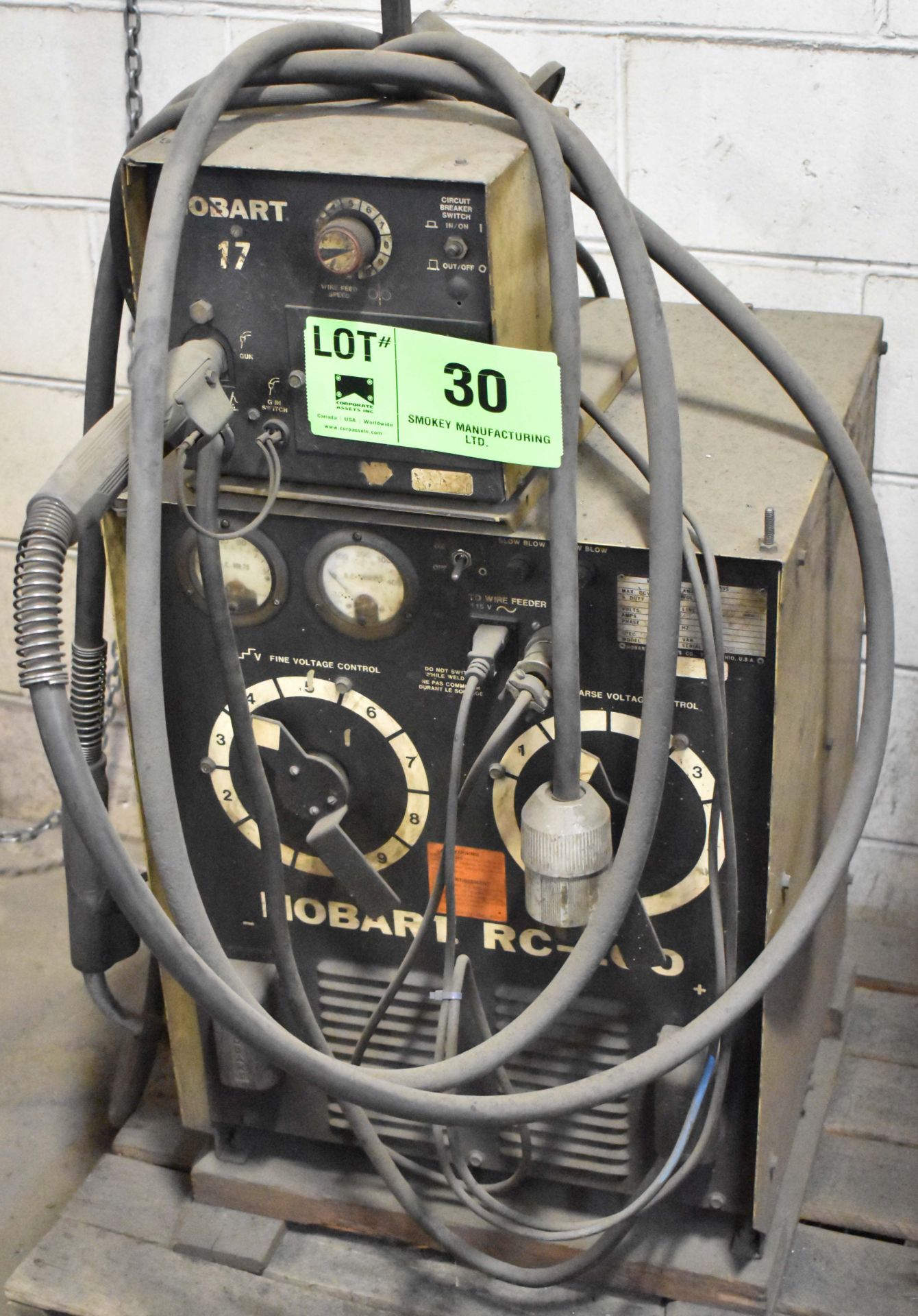 HOBART RC-200 MIG WELDER WITH HOBART 17 WIRE FEEDER, CABLES AND GUN, S/N: N/A