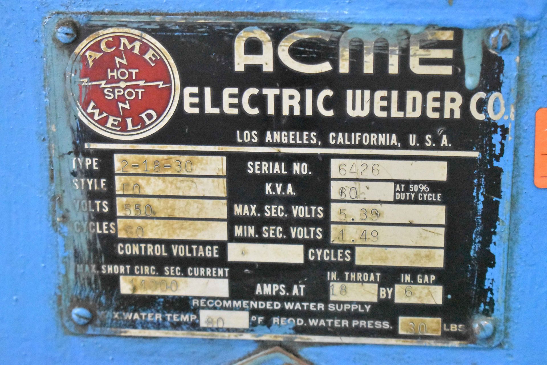 ACME 2-18-30 ROCKER ARM TYPE SPOT WELDER WITH 30 KVA, 24" THROAT, S/N: 6426 (CI) [RIGGING FEES FOR - Image 2 of 2