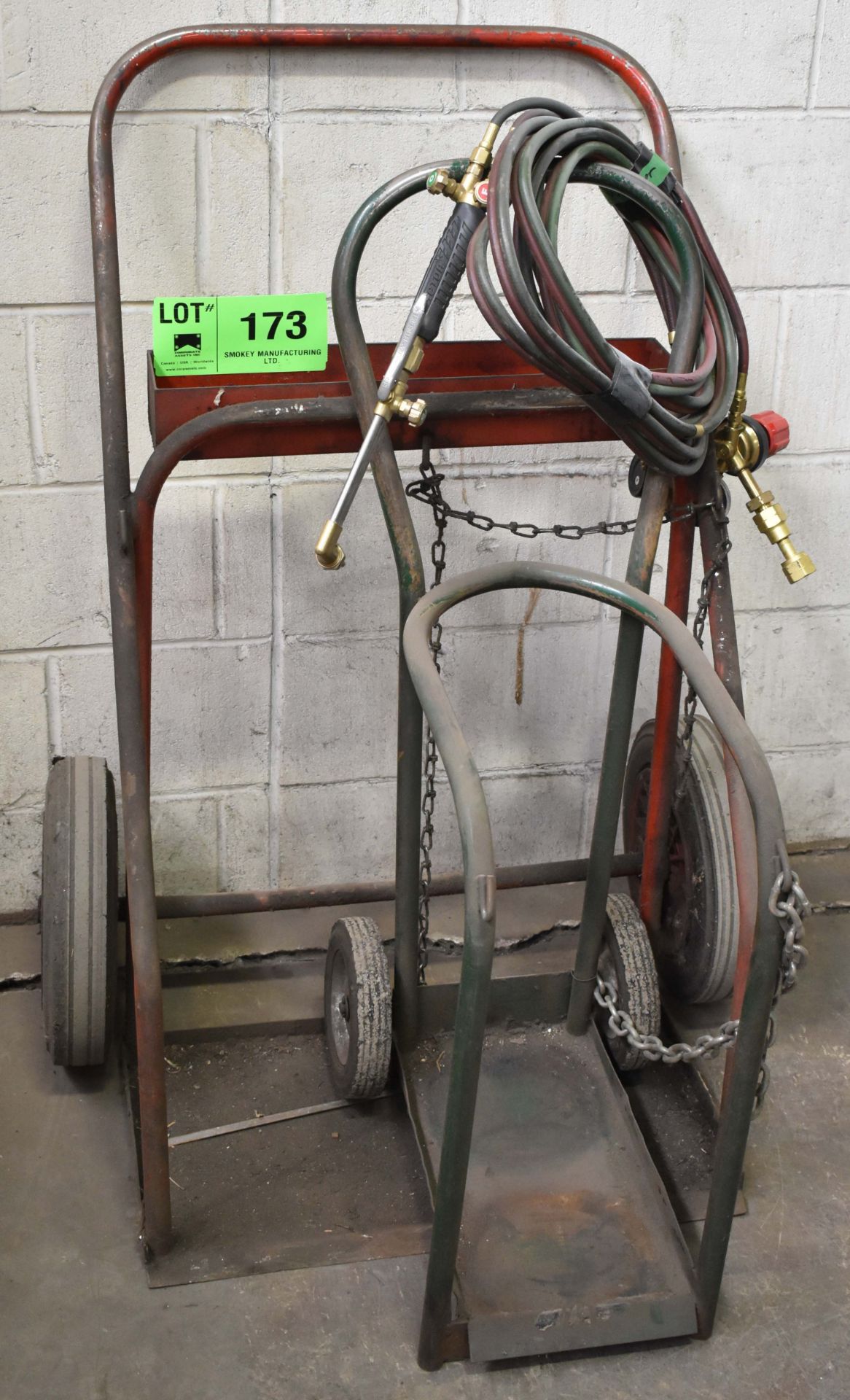 LOT/ OXY-ACETYLENE TANK CADDIES WITH TORCH, GAUGES AND HOSE