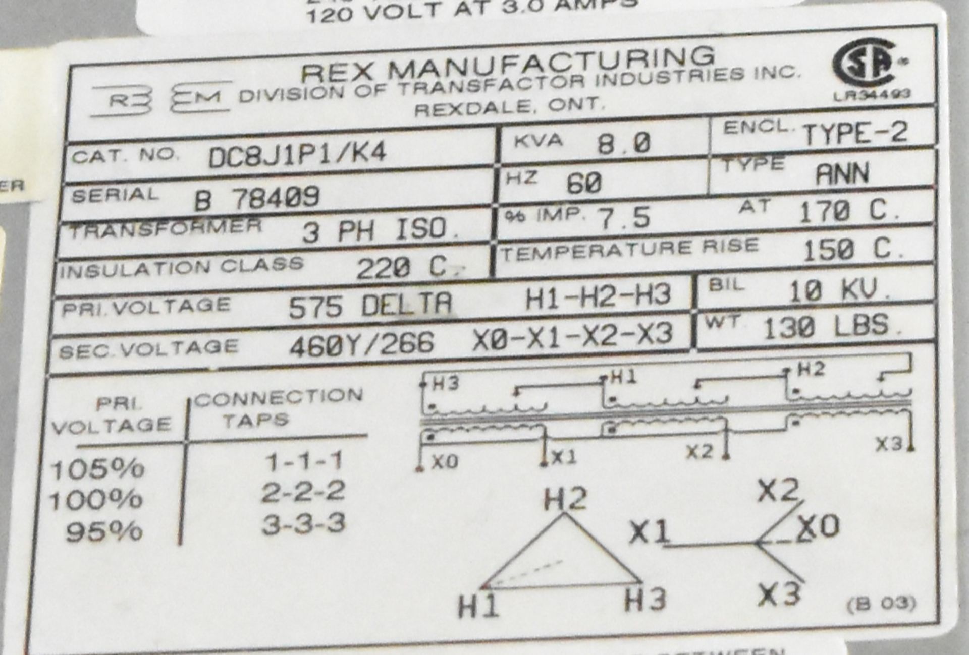 REX 8 KVA TRANSFORMER WITH 575HV/460Y/266LV/3PH (CI) - Image 2 of 2