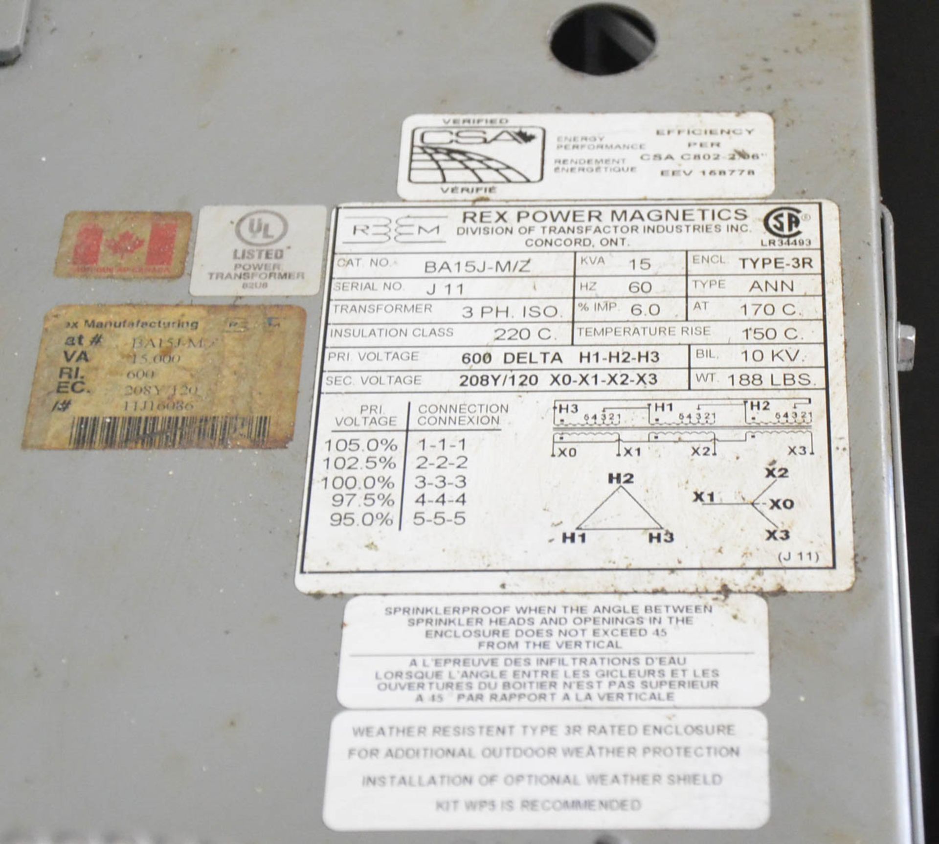 REX 15KVA/600-208-120V/3PH/60HZ TRANSFORMER WITH DISCONNECT BREAKERS (CI) - Image 2 of 2