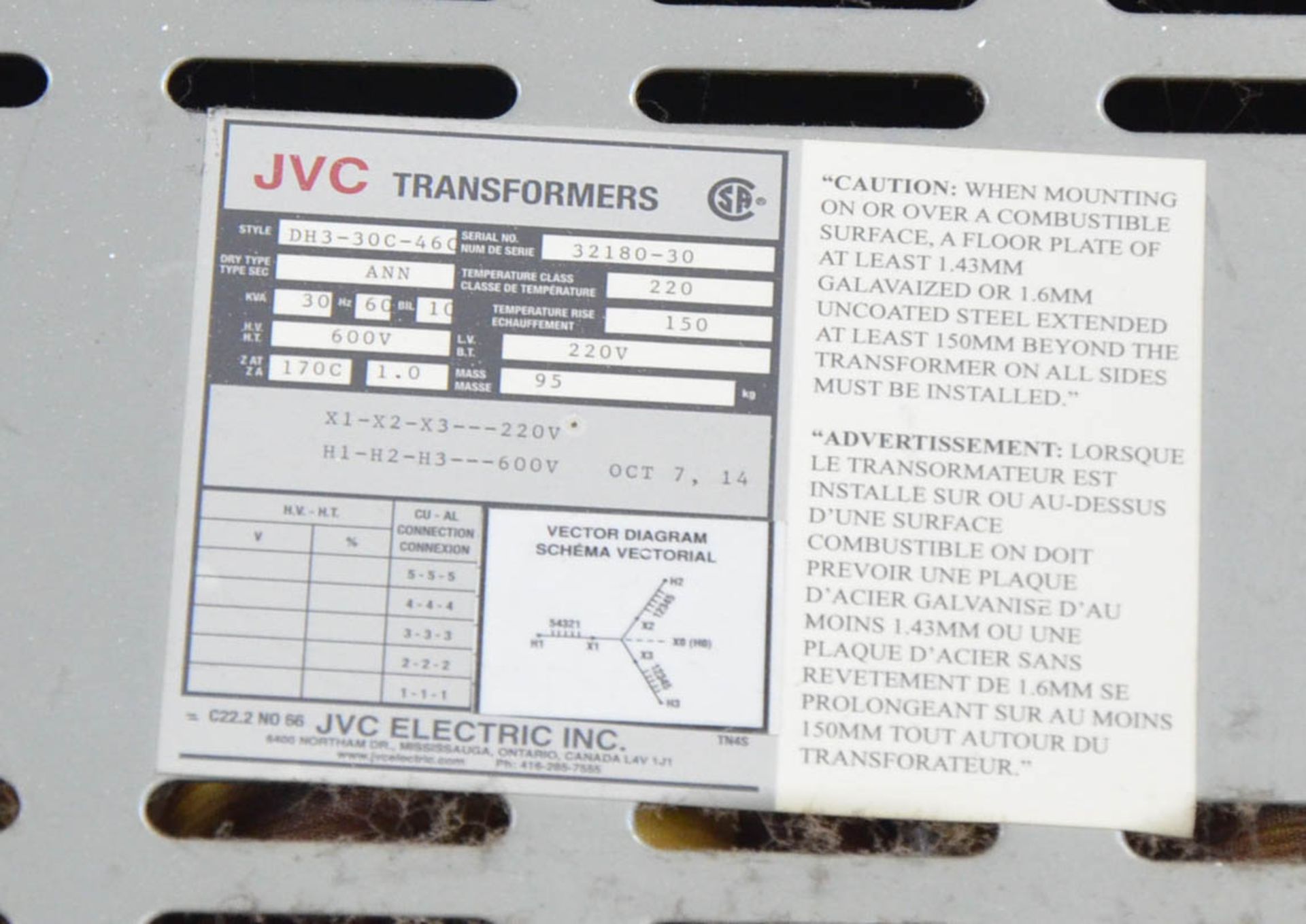 JVC 30KVA/600-220V/3PH/60HZ TRANSFORMER (CI) [RIGGING FEES FOR LOT #35 - $50 USD PLUS APPLICABLE - Image 2 of 2