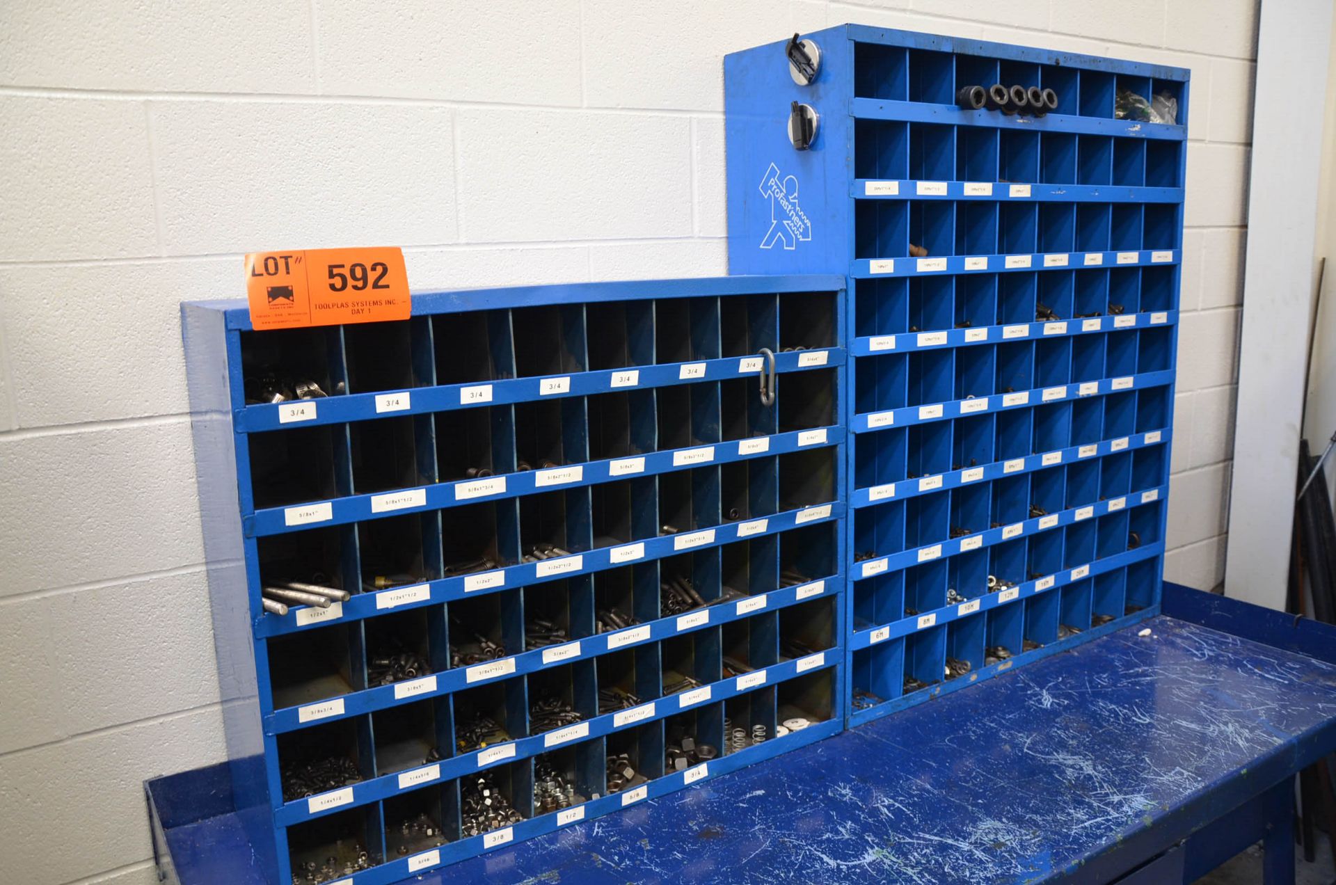 LOT/ FASTENAL PIGEON HOLE INDEX CABINETS WITH FASTENING HARDWARE AND STEEL WORK BENCH