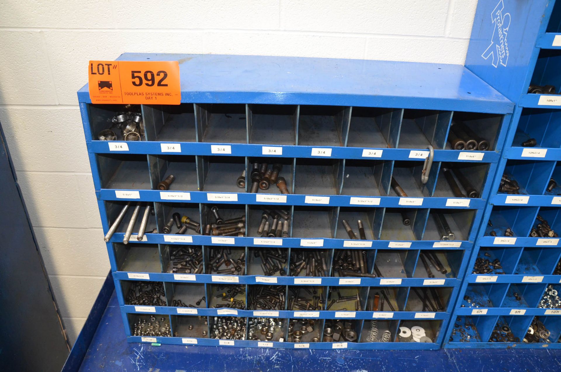 LOT/ FASTENAL PIGEON HOLE INDEX CABINETS WITH FASTENING HARDWARE AND STEEL WORK BENCH - Image 2 of 4