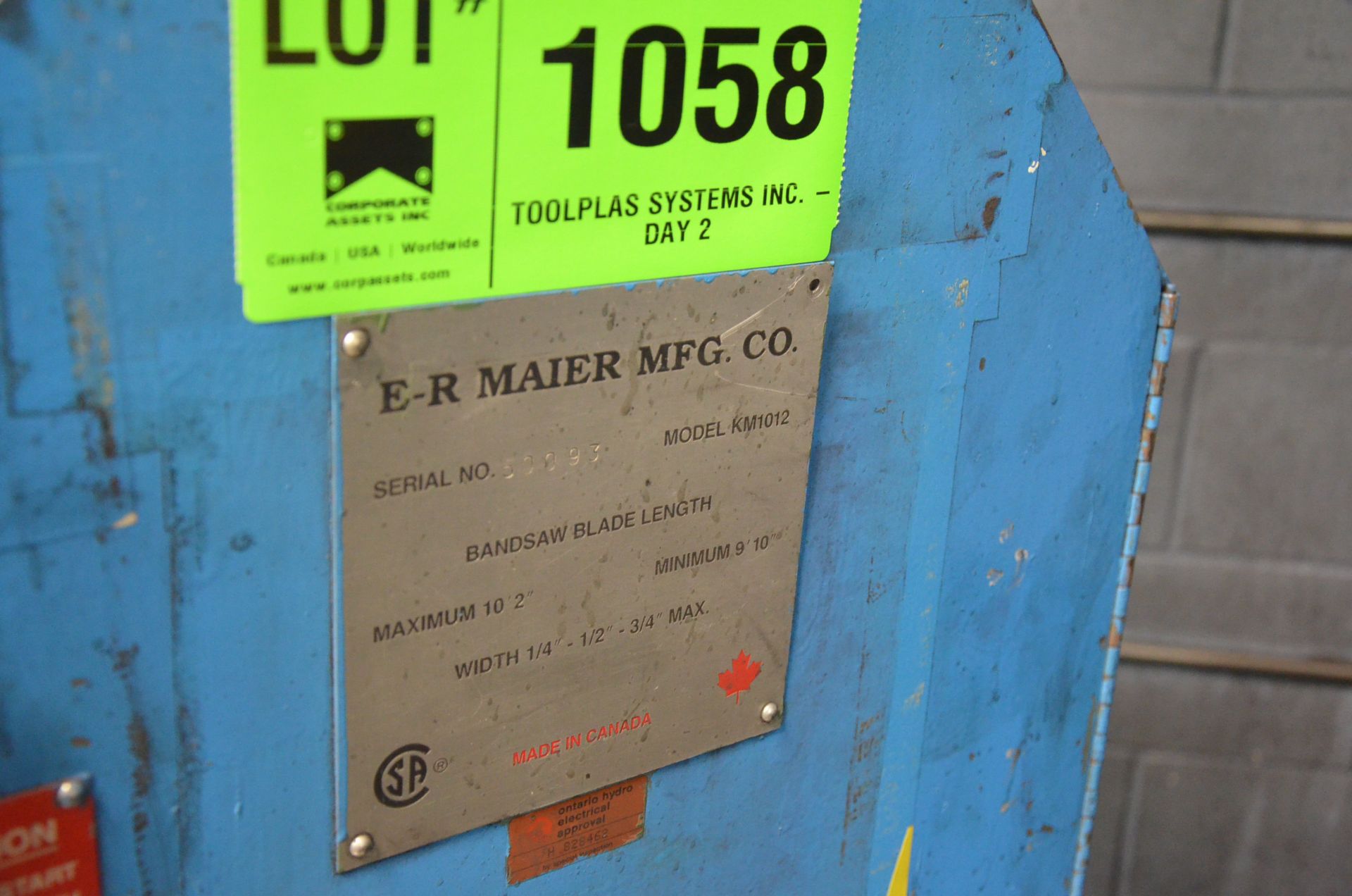 ER MAIER KM1012 10" METAL CUTTING ROLL-IN BAND SAW, S/N 50093 (CI) [RIGGING FEES FOR LOT #1058 - $ - Image 3 of 3