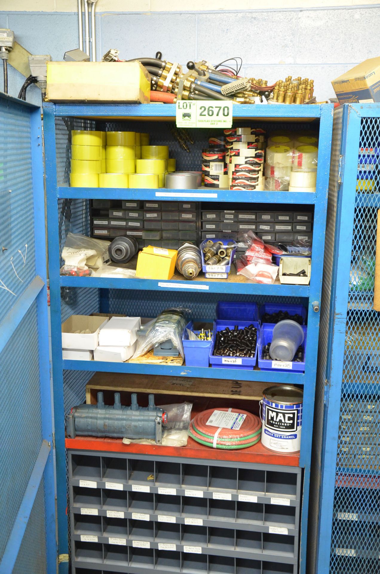 LOT/ HIBOY STORAGE CAGE WITH PARTS AND SUPPLIES