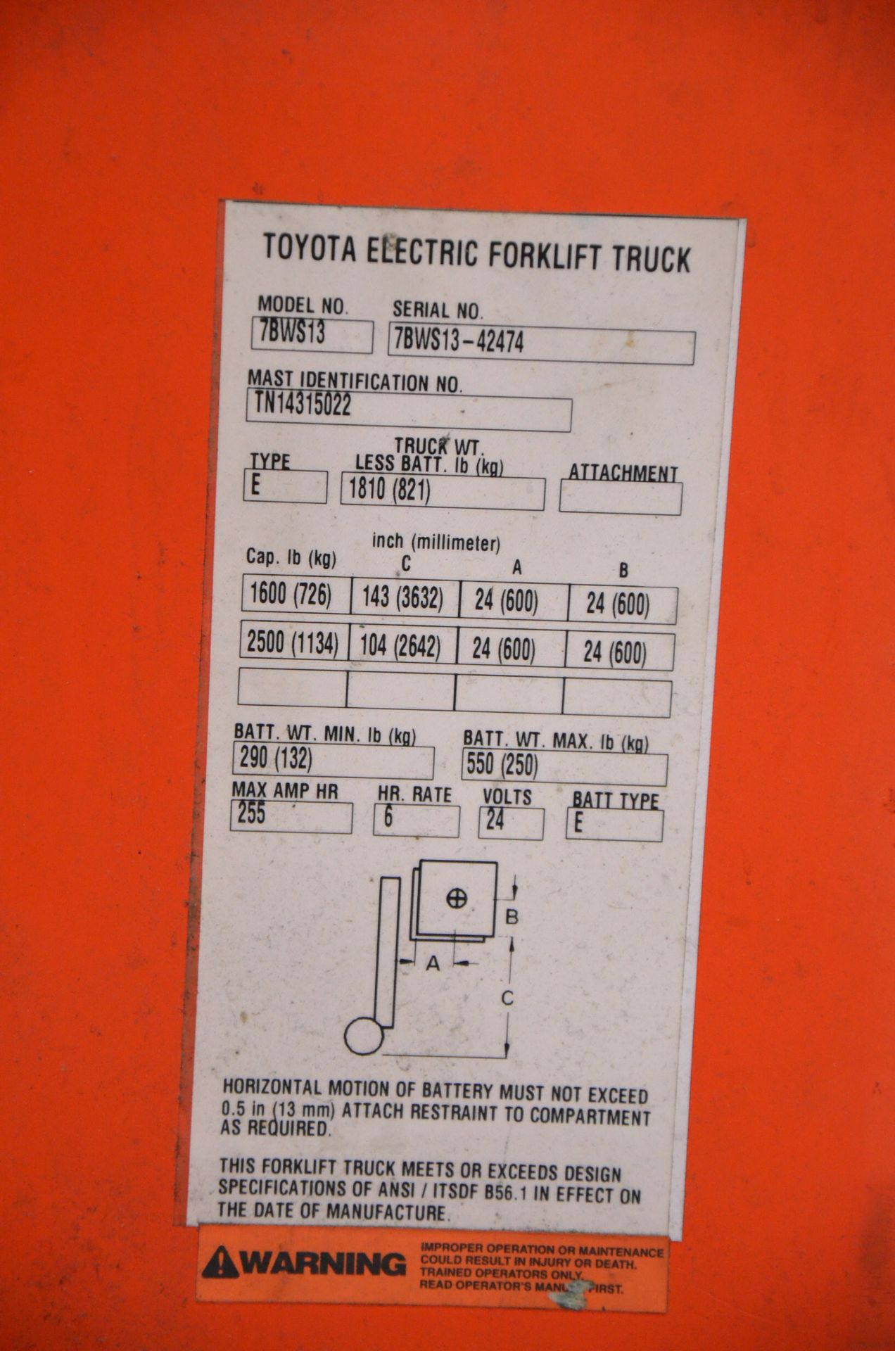 TOYOTA 7BWS13 24V 2500 LB. CAPACITY WALK-BEHIND ELECTRIC PALLET STACKER WITH 143" MAX. LIFT - Image 5 of 8