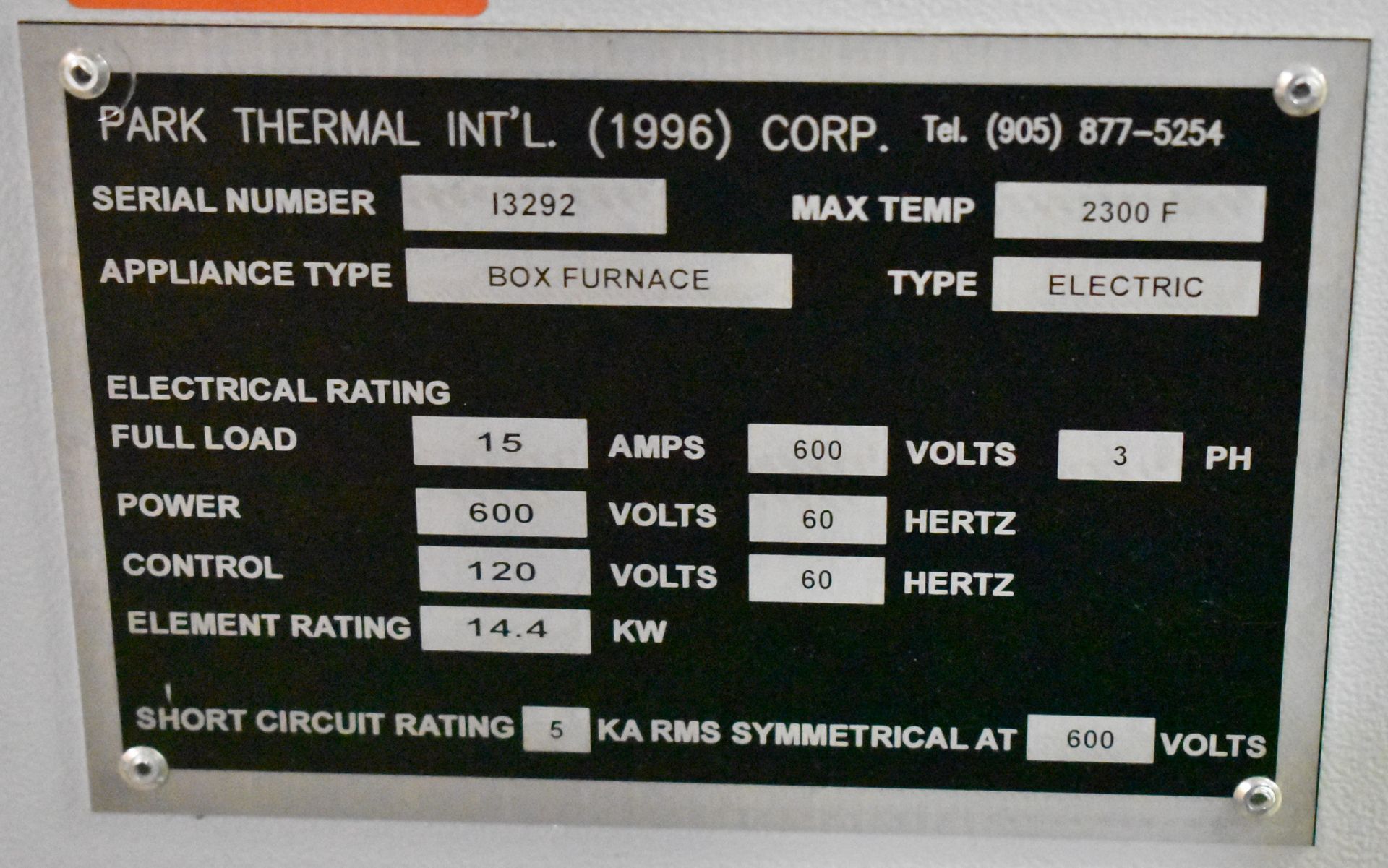 PARK THERMAL ELECTRIC BOX FURNACE WITH 2300 DEG. F. MAX. TEMPERATURE, 14.4 KW, 13.5"X12"X24"D - Image 5 of 5