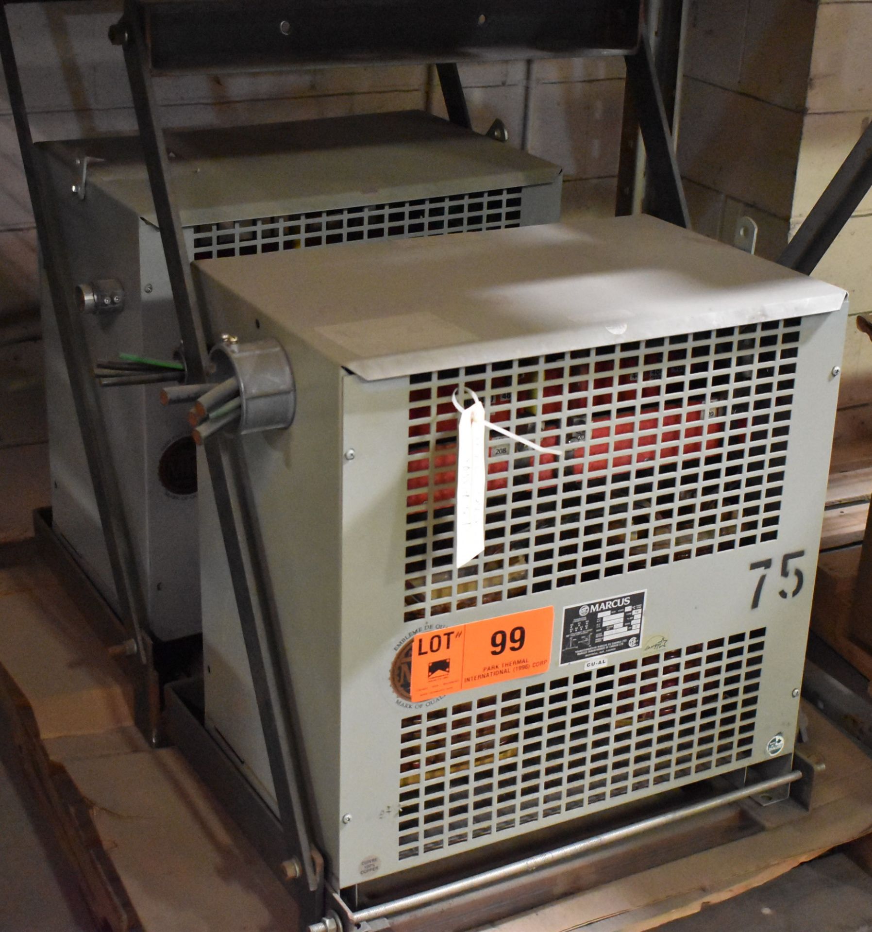 LOT/ (2) MARCUS 75 KVA TRANSFORMERS WITH 480HV/120/208LV/3PH