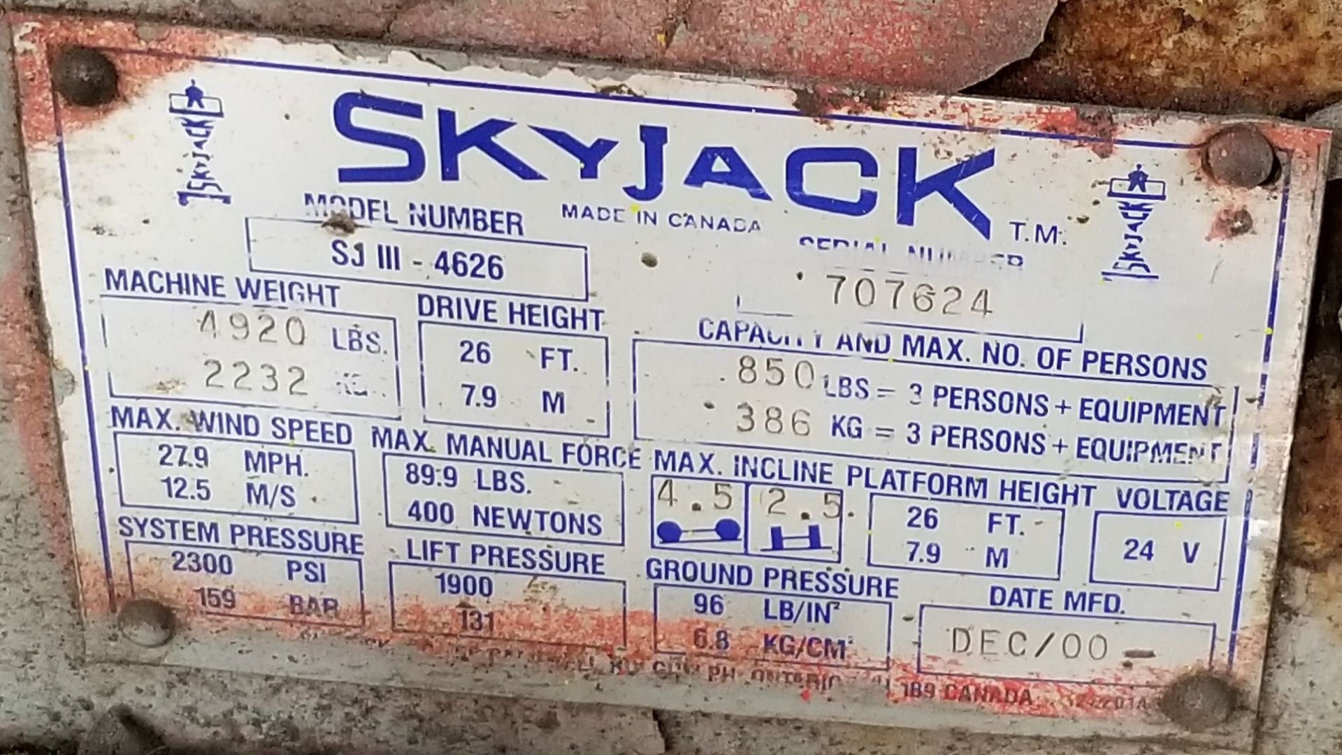 SKYJACK SJIII 4626 ELECTRIC SCISSOR LIFT WITH 850 LB. CAPACITY, 384" MAX. WORK HEIGHT, S/N: 707624 - Image 4 of 4