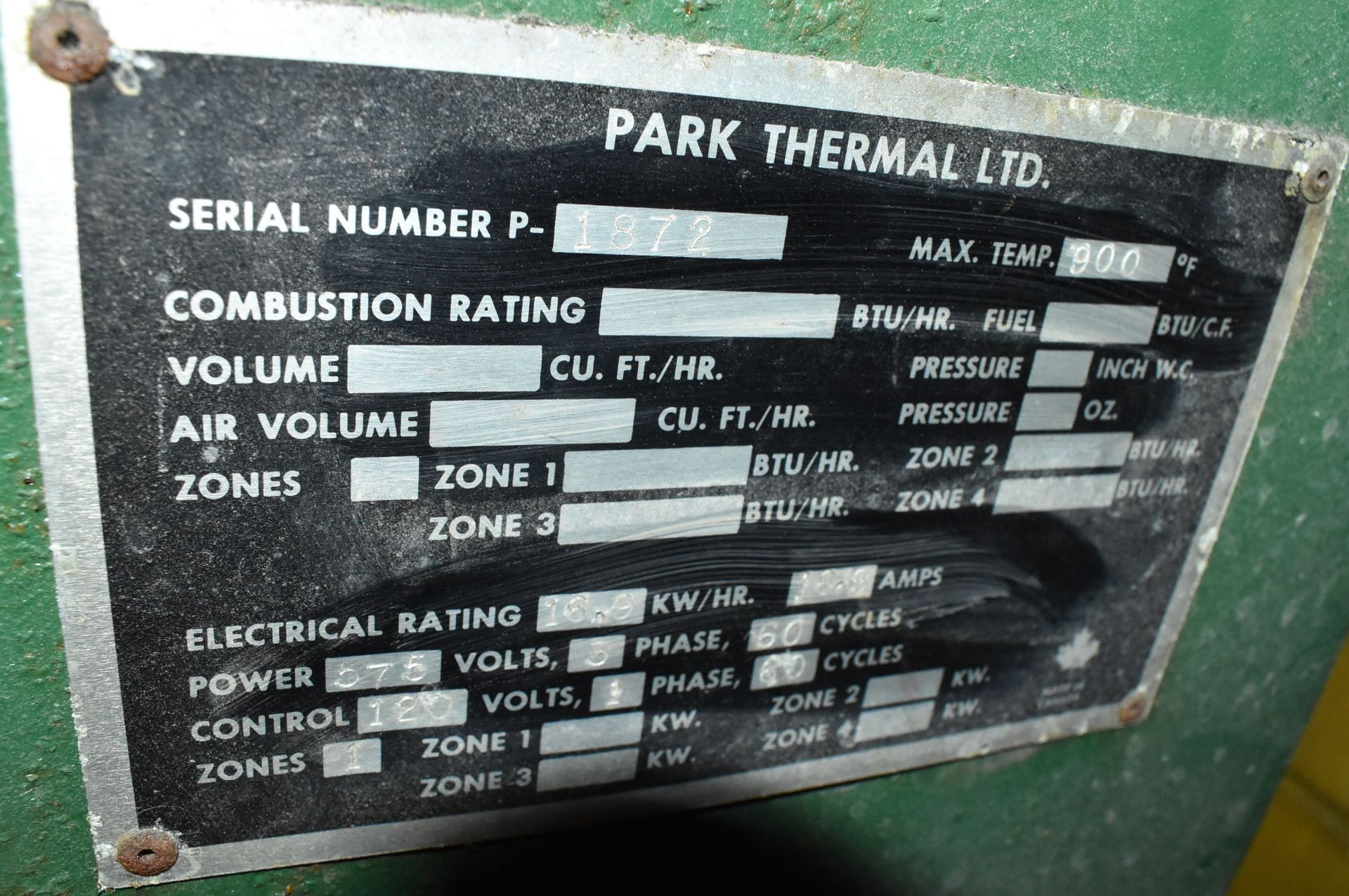 PARK THERMAL ELECTRIC OVEN WITH 900 DEG. F. MAX. TEMPERATURE, 16.9 KW/HR, WORK LIGHT, 575V/3PH/60HZ, - Image 3 of 3