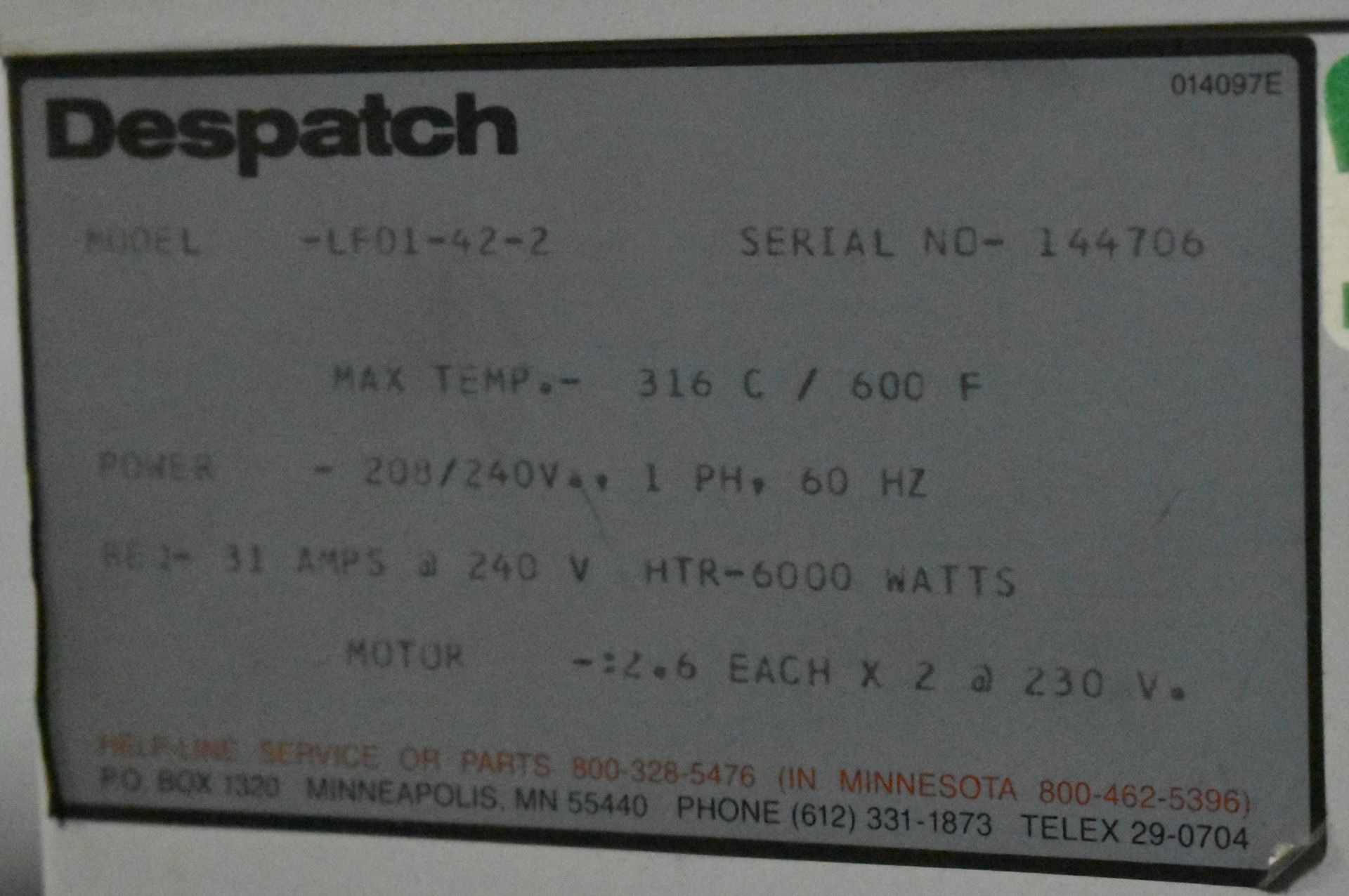 DESPATCH LFD1-42-2 ELECTRIC BENCH OVEN WITH 600 DEG. F. MAX. TEMPERATURE, 4500 WATT HEATER, 21"X21" - Image 4 of 4